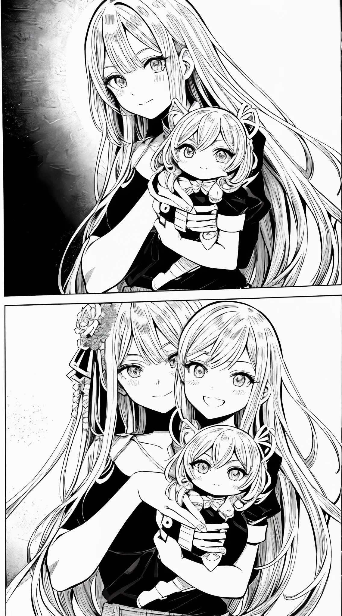 a drawing of a girl holding a doll in her arms, detailed manga style, manga art style, manga illustration, in manga style, hyper detailed manga drawing, in style of manga, pencil and ink manga, clean detailed anime style, digital manga art, black and white manga panel, black and white manga page, beautiful line art, hyper detailed line art, perfect lineart