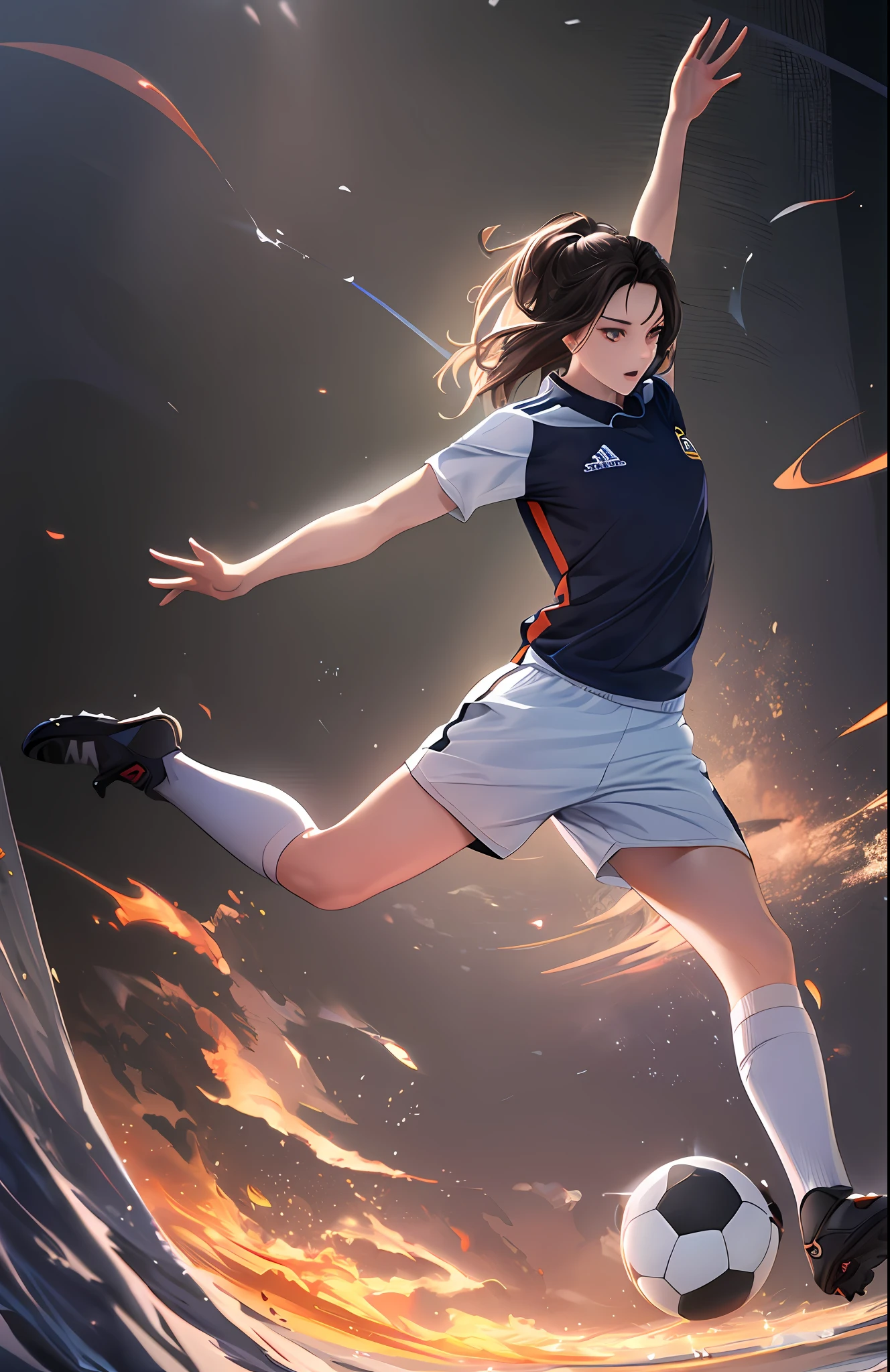 (extremely detailed CG unity 8k wallpaper,masterpiece, best quality, ultra-detailed, beautiful detailed eyes:1.2),best illumination, (best shadow, an extremely delicate and beautiful, bloom),
1gril,solo, woman in white soccer uniform kicking a soccer ball, godesses, inspired by Christen Købke, white uniform, 💣 💥💣 💥, sports clothing , official, flying shot