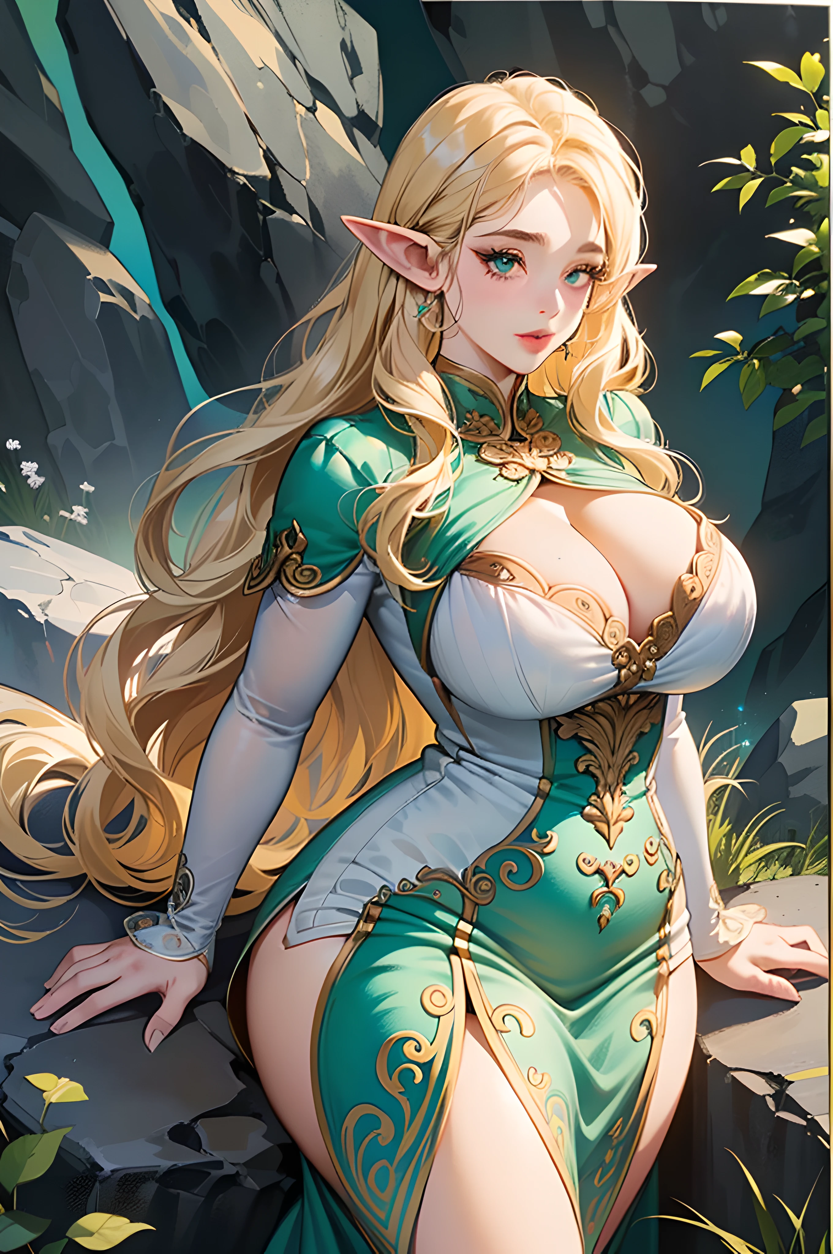 (Ultra Quality,Unparalleled Masterpiece:1.4)Overwhelmingly Pixel-Perfect,Ultra-Detailed CG 4K,(Ultra-Detailed Clear Absurdly-Vivid Jade Big Eyes:1.2),Gorgeous Round Detailed Face(Voluptuous:1.4)Elf(Gigantic Breasts:1.8)(Voluminous Long Blonde Hair: 1.4),ADULT(Bangs, Sidelocks:1.2)Seductive(intricately detailed white dress:1.3)(Zelda)(Celestine Lucullus: 1.2)(Solo:1.4)(1Girl: 0.5)(Facing Viewer:1.2)(arms behind back:1.2)(Cowboy Shot:1.2)(from above:1.1),Skindentation(Curvaceous:1.4)(Curvy:1.4)(Bimbo: 1.4)(Normal Waist: 1.2)(Thick Lips: 1.3)small-nose(light smile: 1.2)Rocks,Trees, Plants,Bush,Color Graded, (Erotic face:1.4)