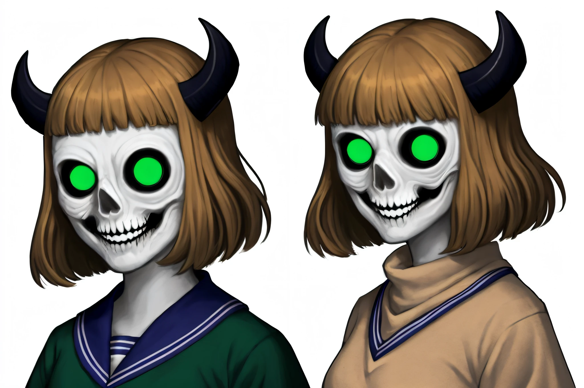 gravemudart, simple background, horror \(theme\), demon-like head, scary face, strange, creepy,
1girl, :d, bangs, beige sweater, blue sailor collar, breasts, fang, green eyes, large breasts, looking at viewer, medium breasts, neckerchief, open mouth, sailor collar, sidelocks, skin fang, sleeves past wrists, smile, solo, thick eyebrows, white background, white neckerchief