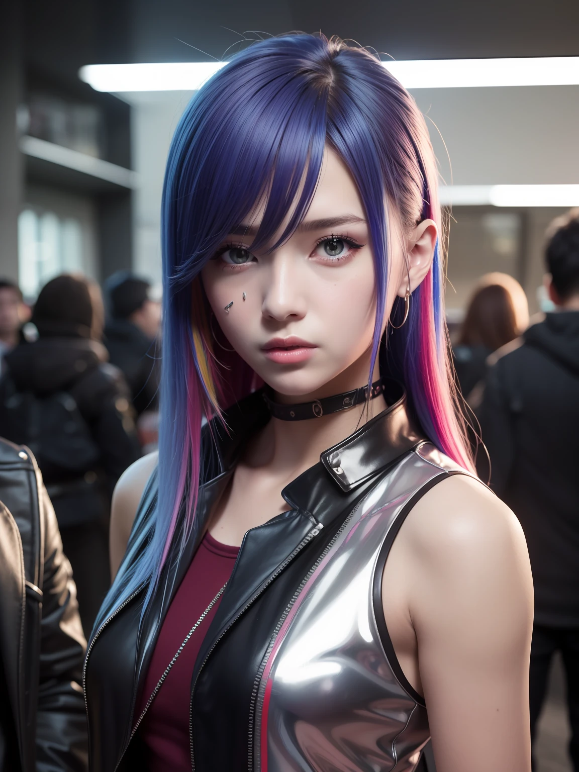 16K, HDR, RTX, ray tracing, best quality, masterpiece, ultra high quality, 3 girls, anime protagonist, tall, mature, cool, edgy, stylish cyberpunk outfit, multi colored hair, heroic drip, aesthetic, amazing, cool, beautiful, mesmerizing, alluring, ethereal, multicolored, highly detailed faces