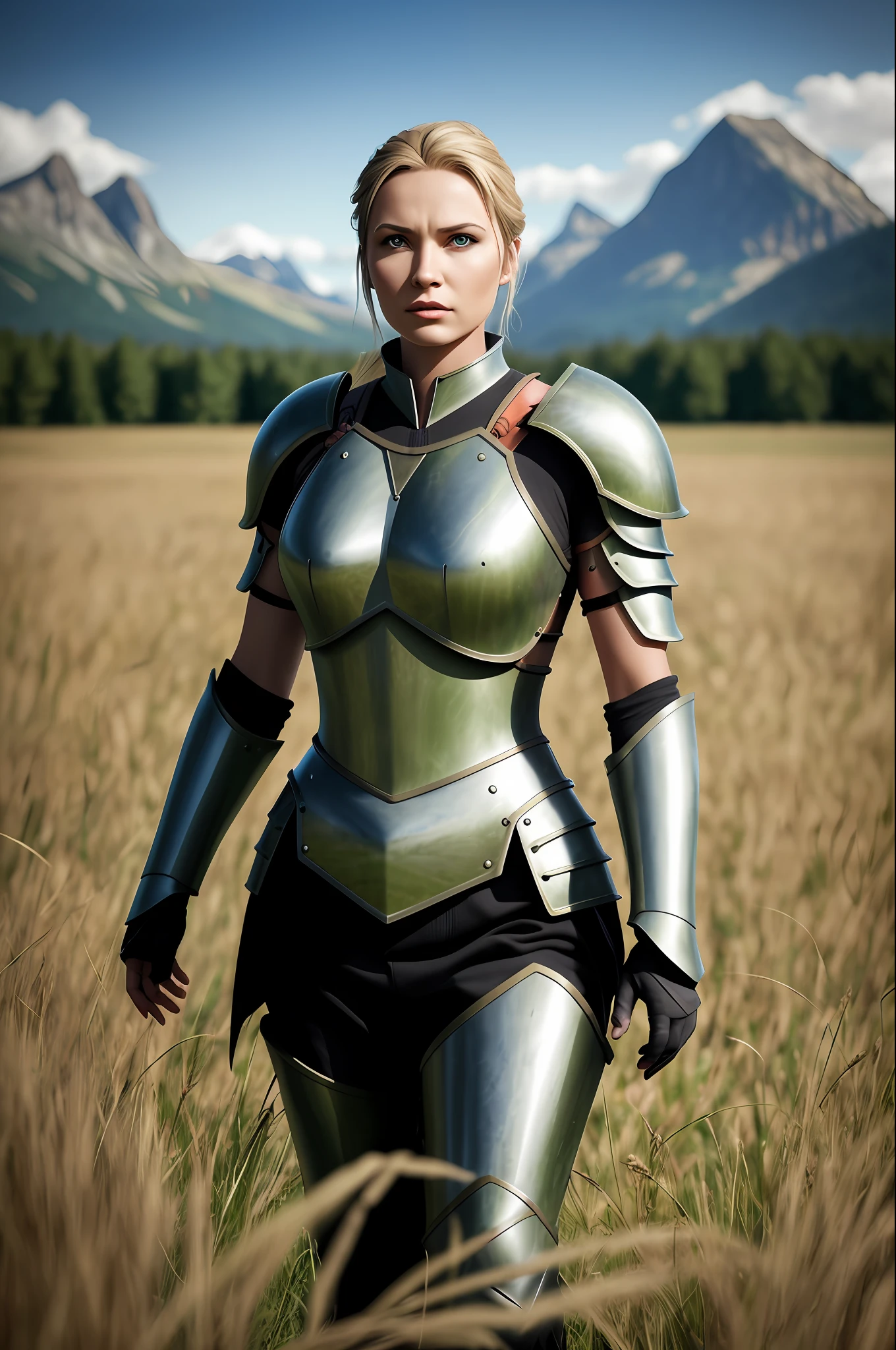 1 woman, warrior, armor
 In a field with green grasses and mountains in the background
Meterulant
photorealistic, realistic