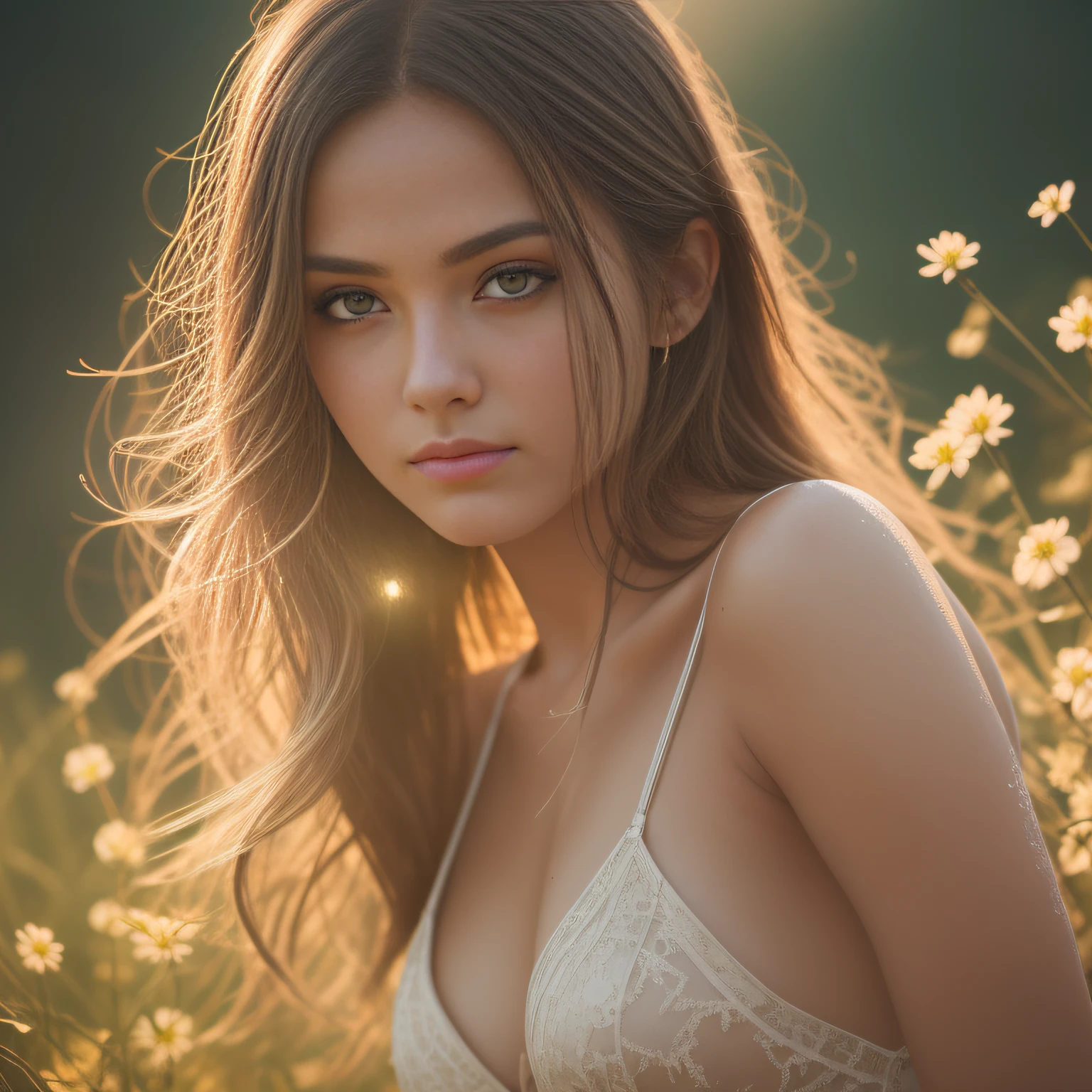 stunning midsummergirl, princess, sweaty, sunlit, dripping, skimpy, leaning back, 8K,Best quality, masterpiece, ultra high res, (photorealistic:1.4), raw photo, (Authentic skin texture:1.3), (film grain:1.3), 1girl, beautiful detailed eyes and face,masterpiece, best quality, godrays and fireflies and dust, pastel dreamy light, bathing in backlighting, opening buttons, sunrays, petals falling, roses, fog, haze, sunlit, in attic covered in flowers and petals, godrays, cozy, morning dew, backlighting, hazy, golden hour, morning light, erotic mood, countryside, masterpiece, best quality, ultra-detailed, solo, smoke, shadows, contrast, cinematic light, side lighting, ultra high resolution, best shadow, RAW, 4k, ultra-realistic style, detailed face, colofUnreal Engine 5, Cinematic, Color Grading, portrait Photography, Ultra-Wide Angle, Depth of Field, hyper-detailed, beautifully color-coded, insane details, intricate details, beautifully color graded, Unreal Engine, Cinematic, Color Grading, Editorial Photography, Photography, Photoshoot, Shot on 70mm lens, Depth of Field, DOF, Tilt Blur, Shutter Speed 1/1000, F/2