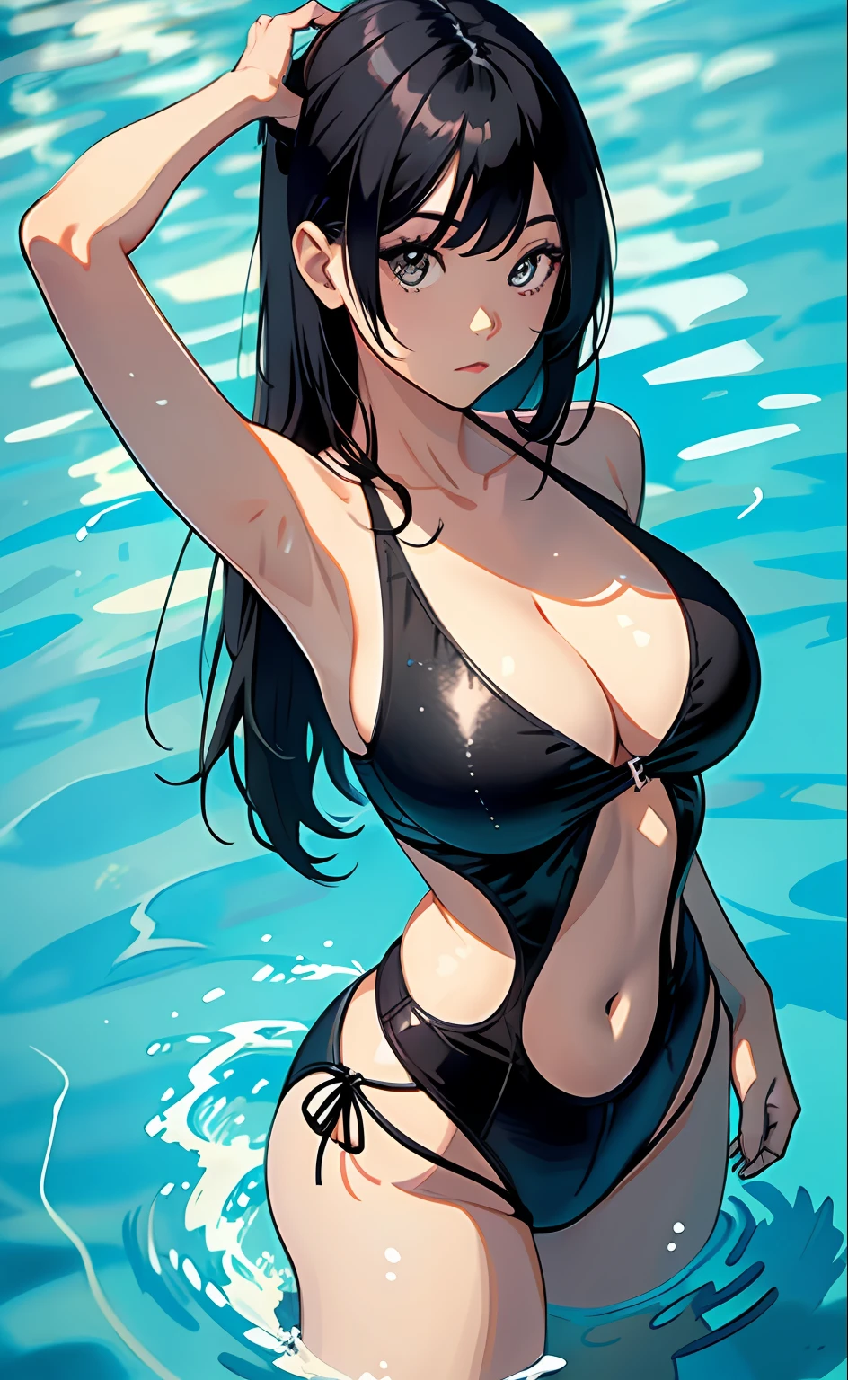 female, Japanese, black long straight hair, around 20 years old, G cup, big eyes, black swimming suit, slender body, posing as trying to make ponytait