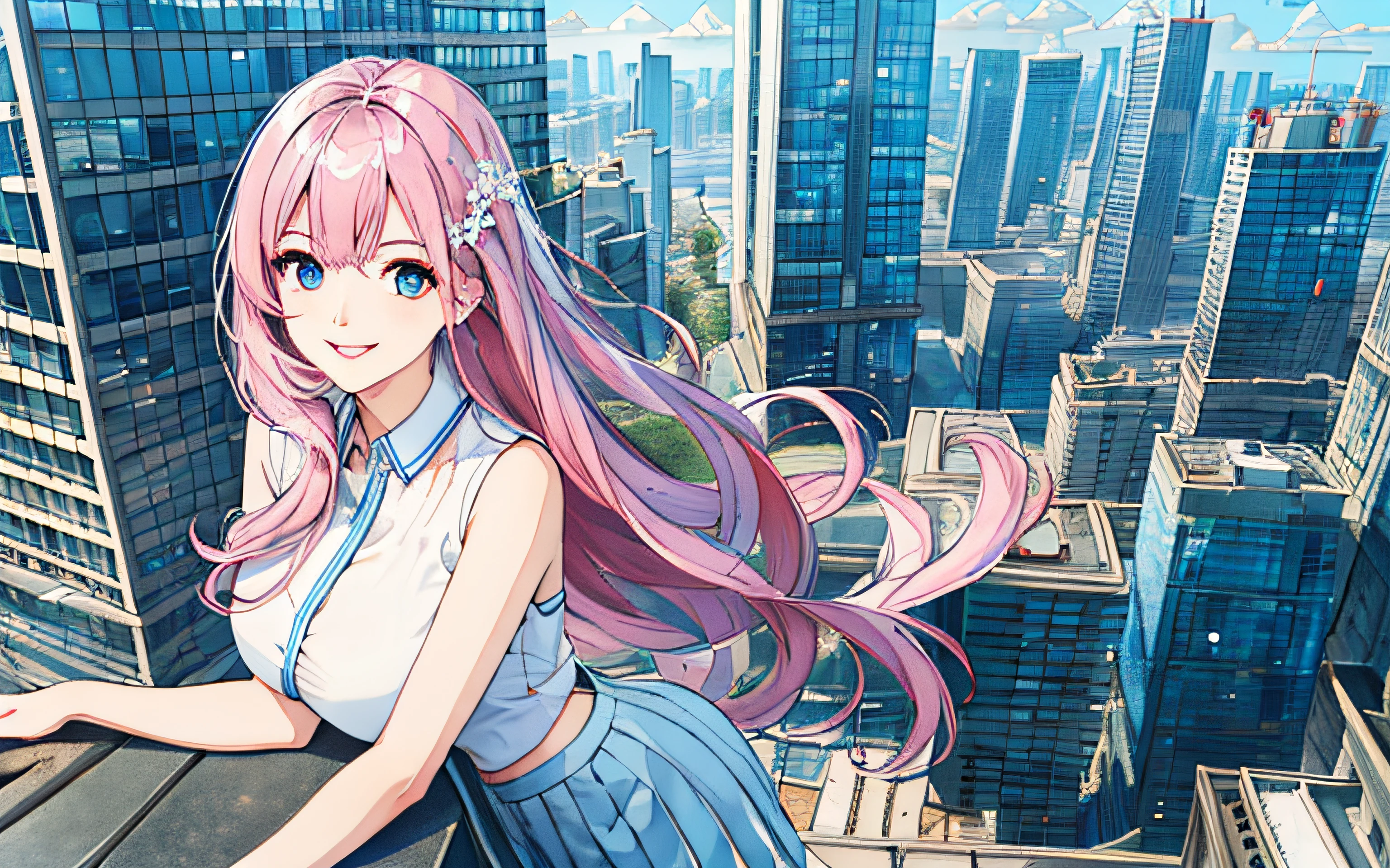 official art, masterpiece, sharp focus, (beautiful gorgeous cute Korean woman:1.3), (beautiful cute korean:1.3), korean beauty, Delicate and beautiful hair and eyes and face, realistic, ultra detailed, beautiful girl, blue sky, glow white particle, (sidelighting:1.2), sun light, white cloud, detailed clouds, slender, Lovely very large breasts and very large hips, smile with teeth, ((smile with eyes, open both eyes)), scenery, long straight hair, sexy facial expression, building, (cityscape:1.7), dynamic hair, long straight hair, detailed platinum pink hair, glow blue eyes, (blue pleated shirts + white skirt), white long socks, pale skin, hair ornament, epic scenery,