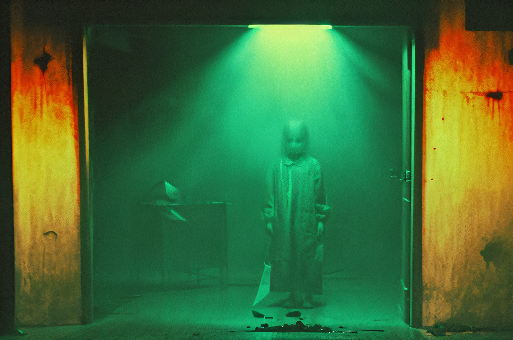 creepypasta monster inside a liminal space of nightmares in a dark warehouse, dynamic lighting, photorealistic, trending on art station, stunning visuals, foggy, creative, cinematic, ultra detailed, atmospherical, ambient lighting, scary art, bad quality, heavy film grain, desaturated, orange teal hue