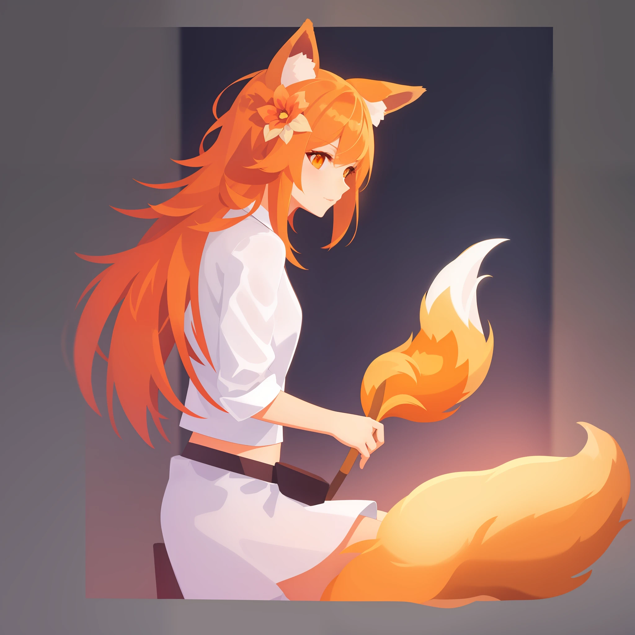 sen, animal ears, fox ears, fox girl, fox tail, hair flower, hair ornament, orange eyes, orange hair, short hair, tail, coloredic0n icon