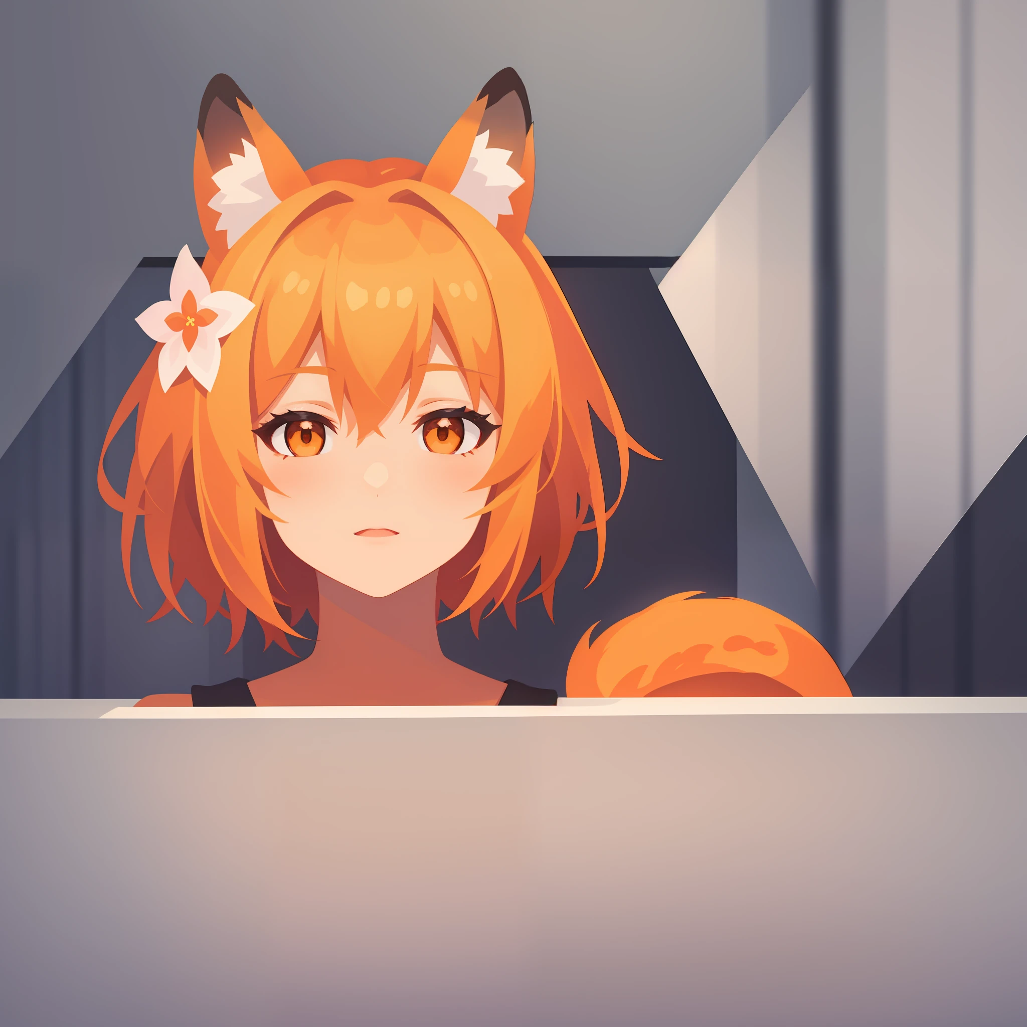sen, animal ears, fox ears, fox girl, fox tail, hair flower, hair ornament, orange eyes, orange hair, short hair, tail, coloredic0n icon