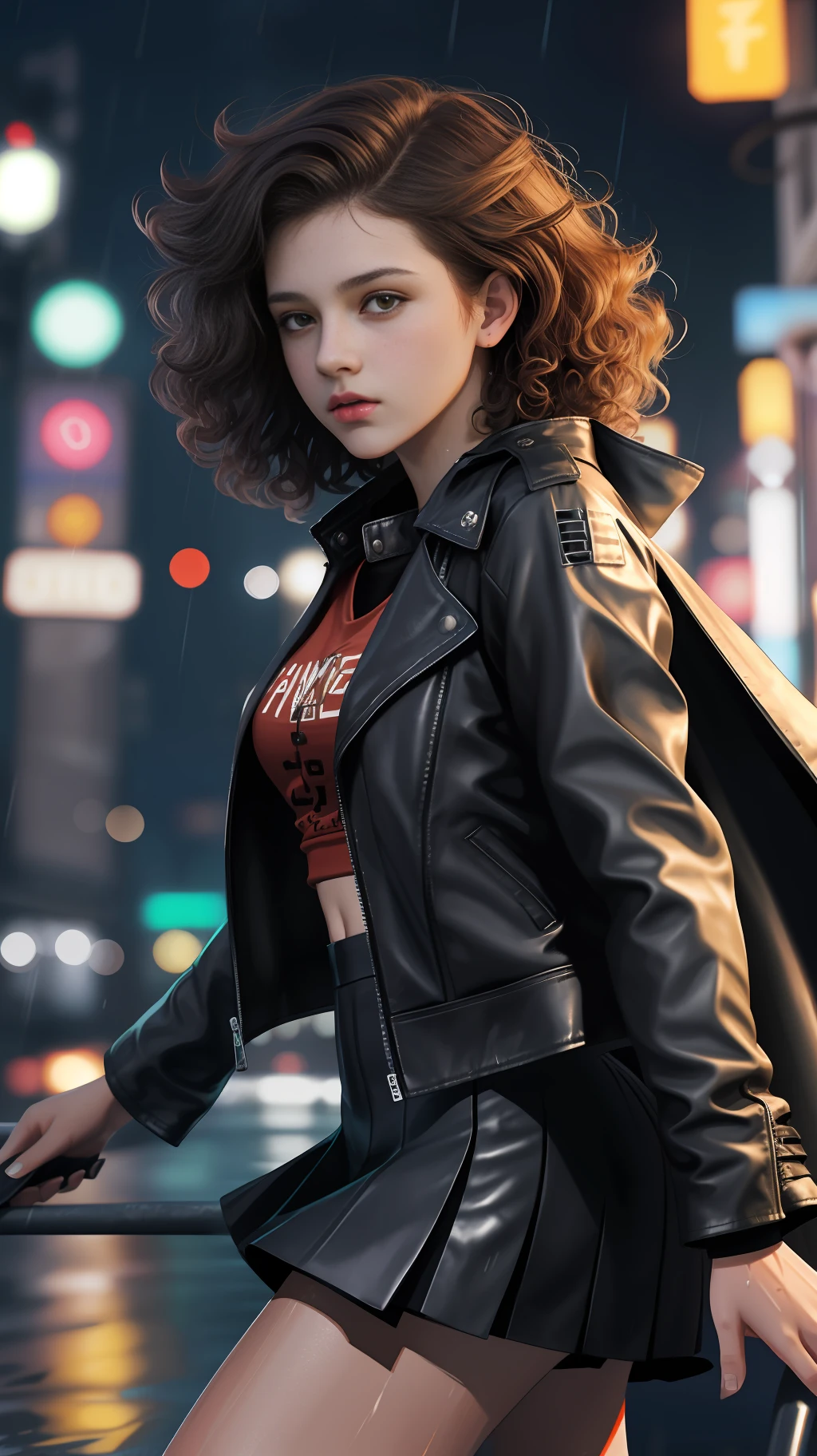 15 year old brunette girl, leather jacket,cape,and mini skirt,short curly hair,bottom to top angle,flying in a city at night neon,in wet rain,8k ultra realistic
