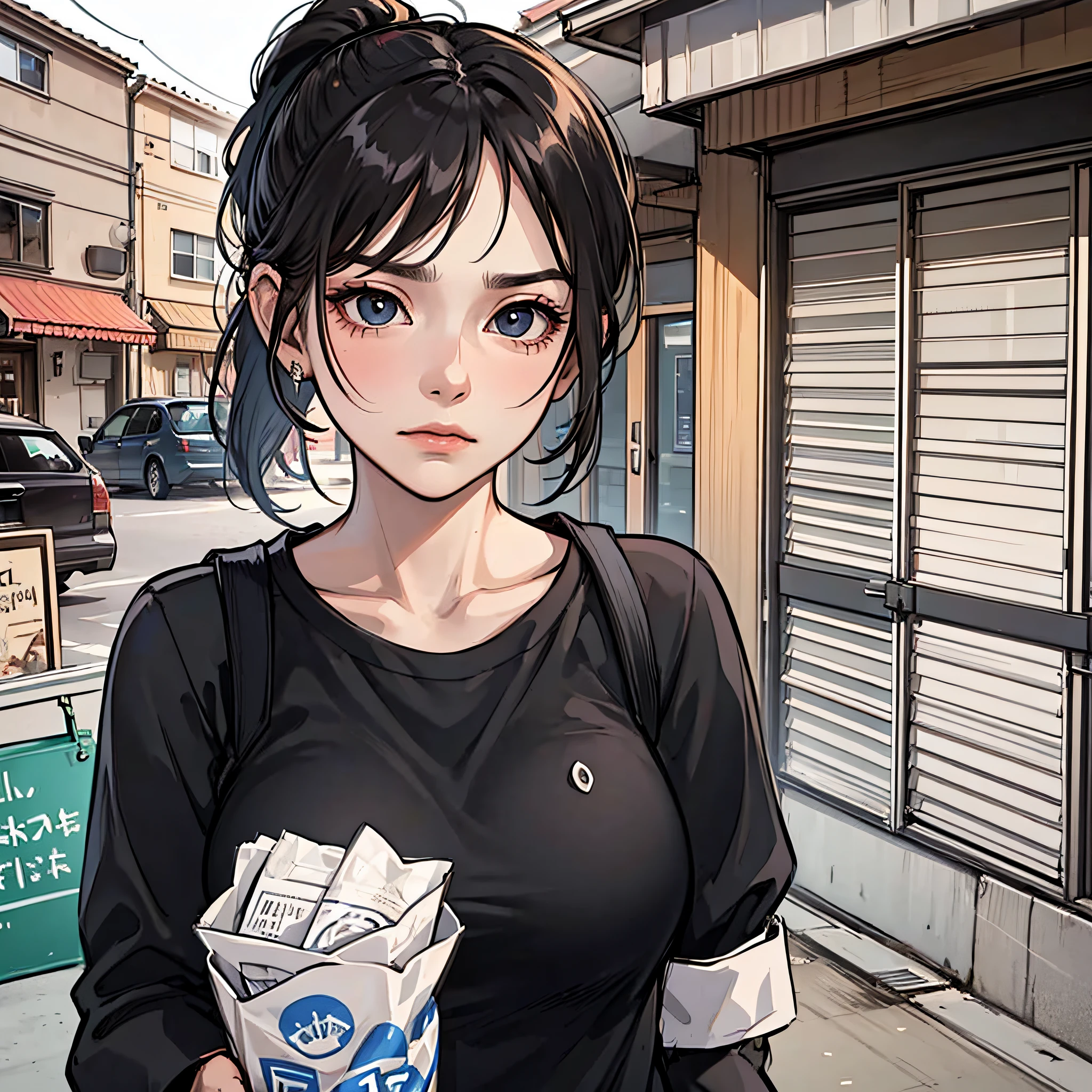 A woman in a black shirt, black ponytail, wrinkled, standing in front of her home for takeout, facing the camera with a disdainful expression