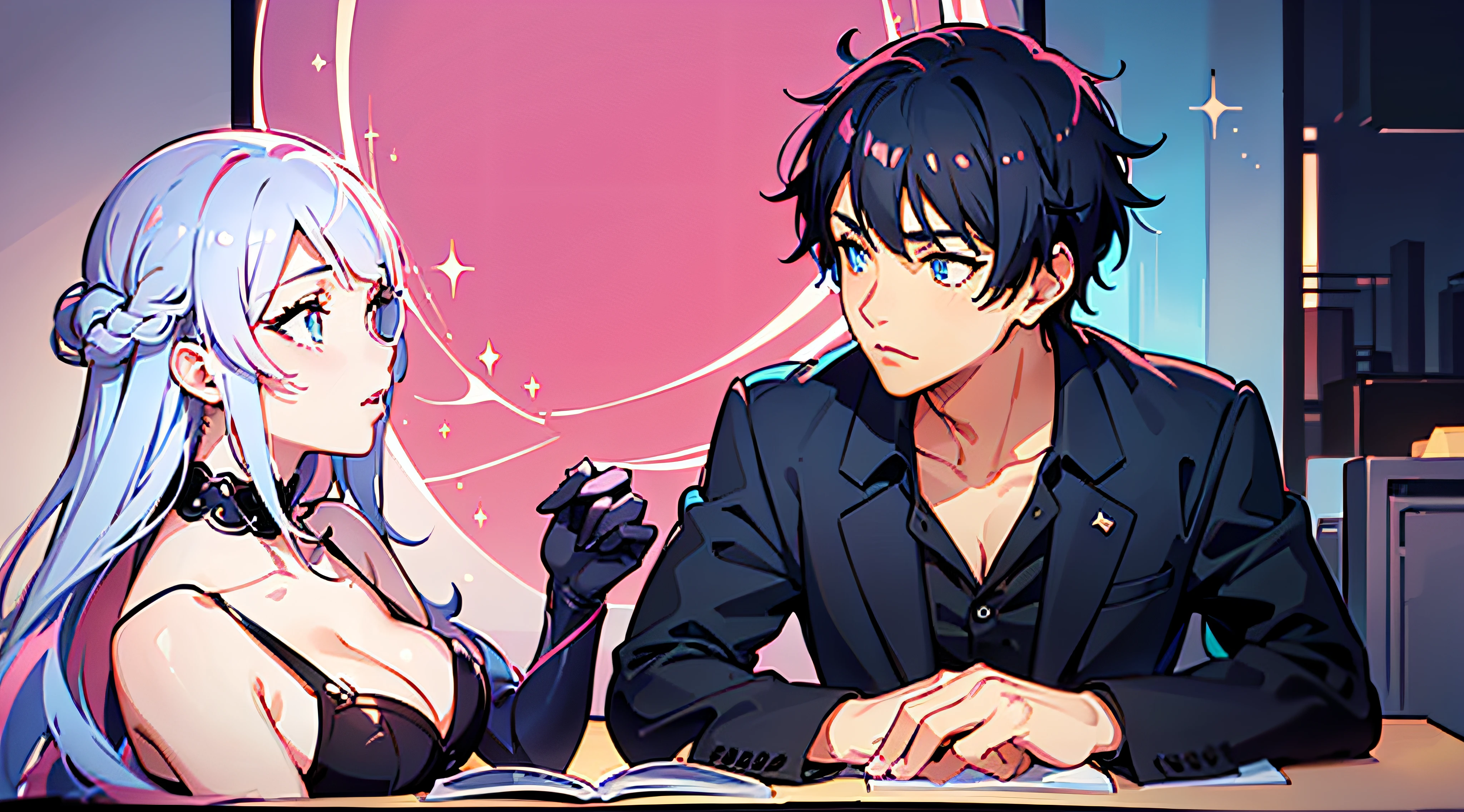 anime characters sitting at a table with a book and a cup, digital anime illustration, ross tran and ilya kuvshinov, 2 d anime style, nick silva and ilya kuvshinov, pixiv style, artwork in the style of guweiz, ; visual novel, at pixiv, anime style illustration, jazza and rossdraws