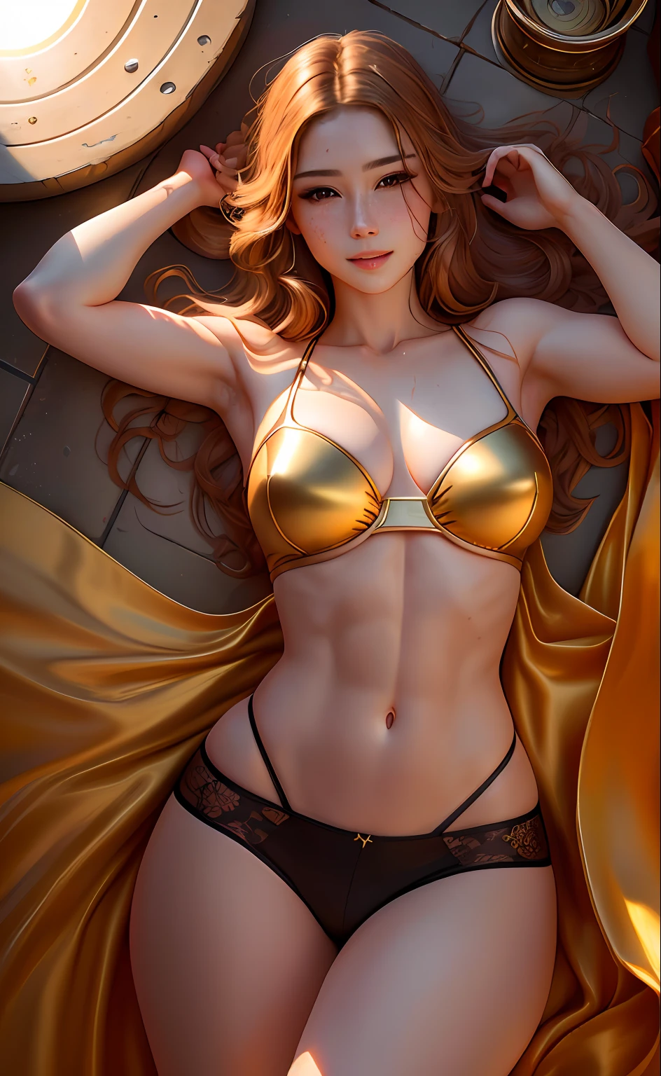 best quality, masterpiece, highres, photorealistic, ultra realistic, antique pool, sun tyndall effect, photorealistic, dark studio, rim lighting, tone lighting, (high detailed skin:), 8k uhd, dslr, soft lighting, high quality, volumetric lighting, candid, photography, high resolution, 4k, 8k, bokeh, ultra realistic 8k cg, (epic:, perfect art, masterpiece, ancient dynasty, medieval, fantasy), (((detailed background)))), 20yo asian queen fit cool model, stunning beauty like God, stunning facial features, detailed hair, dynamic angle, amazing incredibly beautiful, lying down, extremely detailed skin, golden wet skin, 50mm portrait, glamour, perfect soft curves, perfect body, perfect breasts, perfect wide hips, full wet lips, extremely detailed muscle definition, extremely detailed toned abs, ultra realistic, whole body, smiling, cheerful, happy