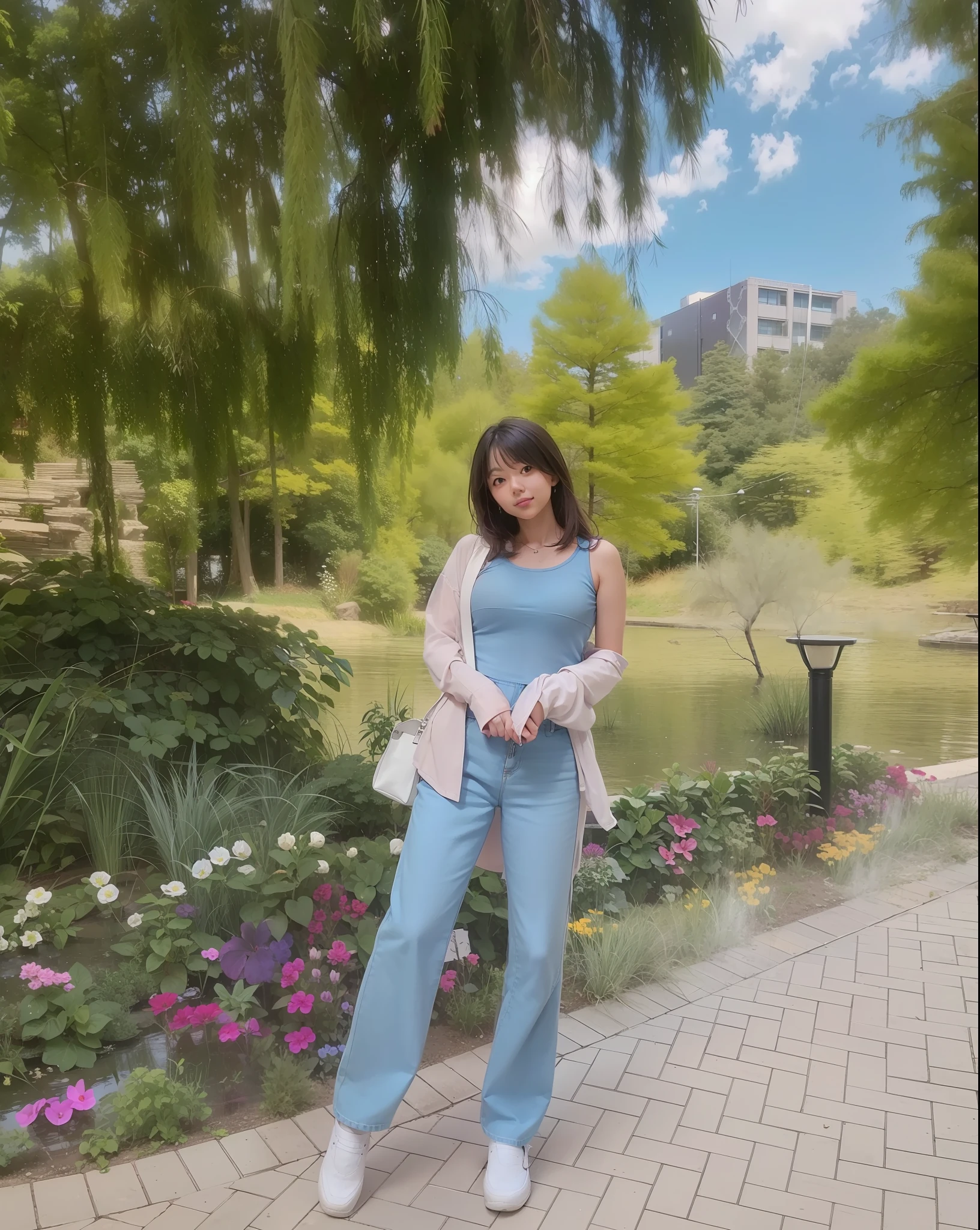 araffe woman in blue jumpsuit standing in front of a pond, standing in a botanical garden, in a park, at a park, in neotokyo, in garden, chiho, in a city park, photo taken with canon 5d, in japanese garden, kawaii shirt and jeans, in the park, 🚿🗝📝, taken with canon eos 5 d