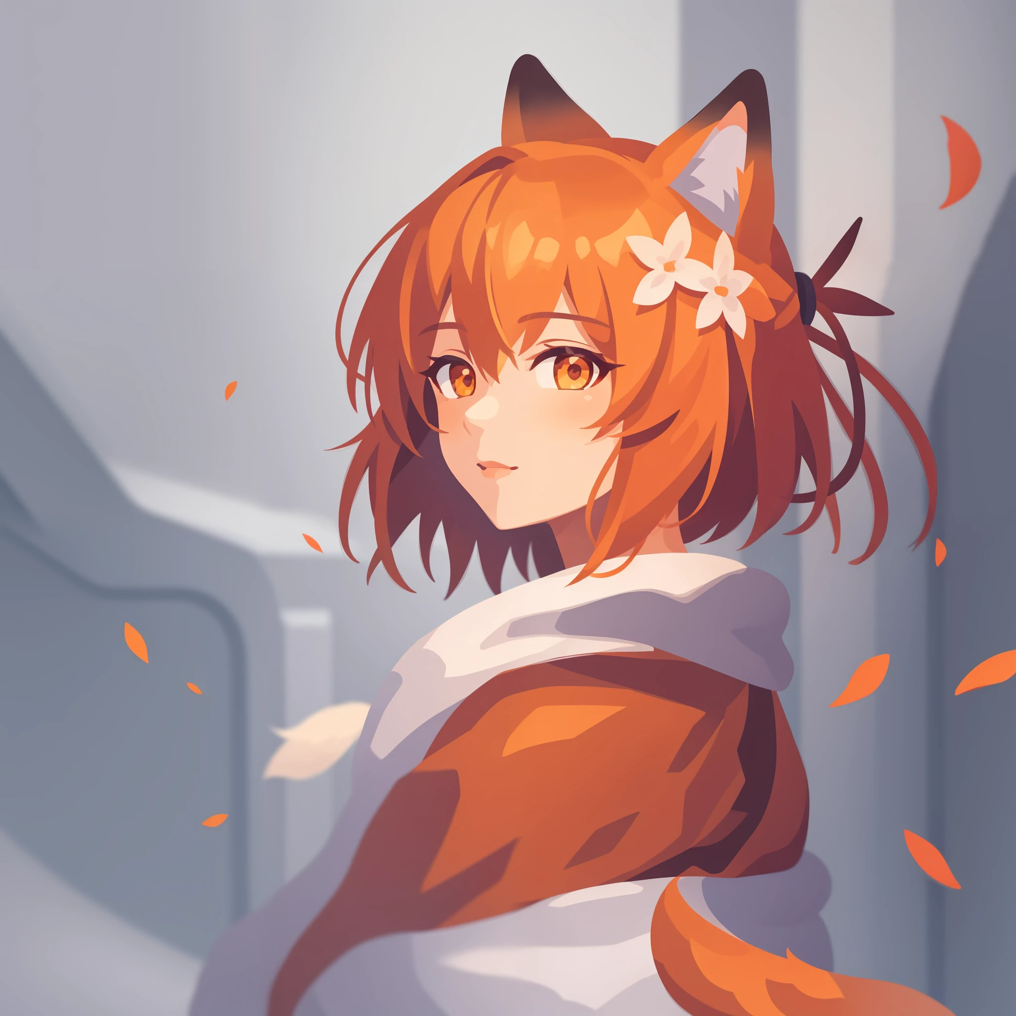 sen, animal ears, fox ears, fox girl, fox tail, hair flower, hair ornament, orange eyes, orange hair, short hair, tail, coloredic0n icon