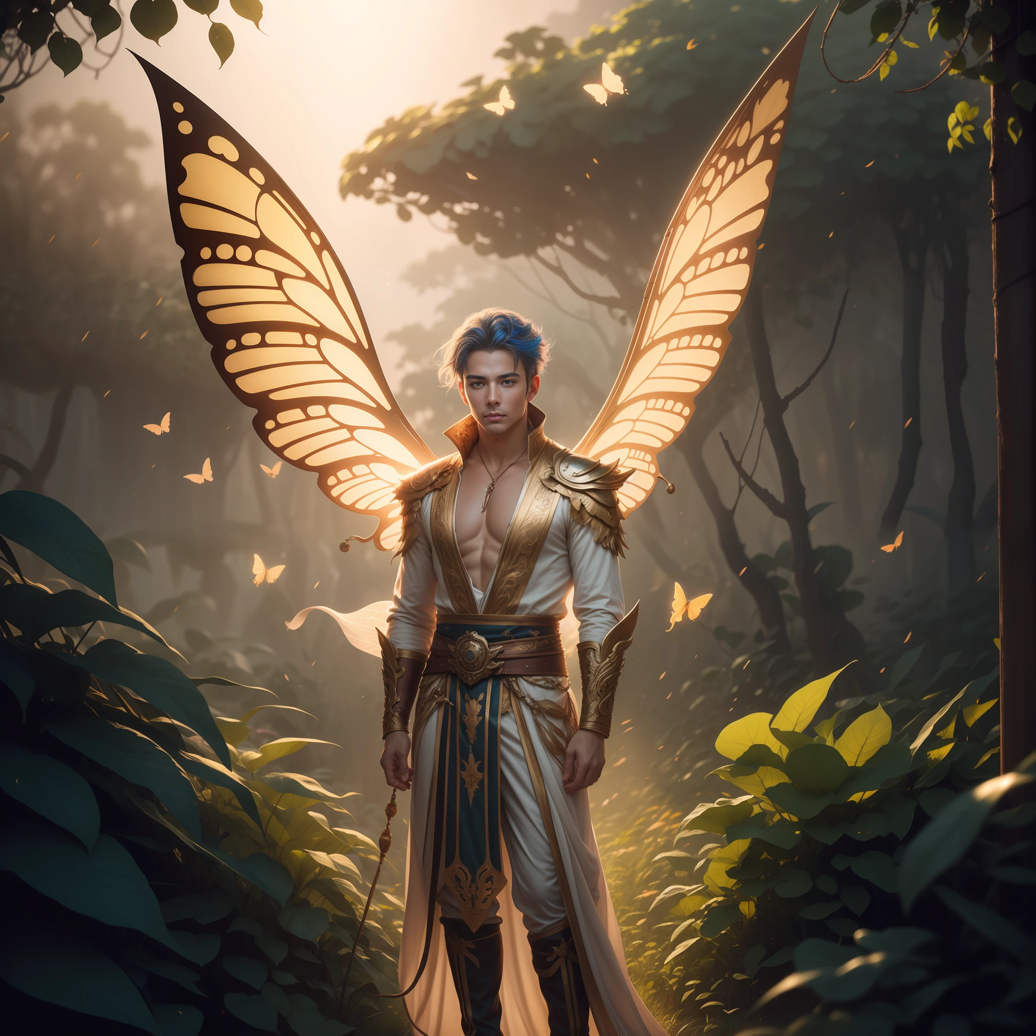 Beautiful male male fairy outfit, long clothes, full body, with orange and gold details, large wings, with butterflies flying through the nose, branches of plants rising up the cheekbones, delicacy, beauty, full body, lush vegetation blurred background, vibrant colors, lush light, soft light, sunset light, smooth light, symmetrical, full body, reflections, dynamic HDR lighting, 8k resolution, cinematic film, smooth, sharp focus, realistic, strobe light beams, ((blurred background)):1.7, (((depth of field)) ):1.8, cinestill 800t 35mm, high quality, heavy grain, high detail, cinematic composition, dramatic light, anamorphic, ultra wide lens, hyperrealistic