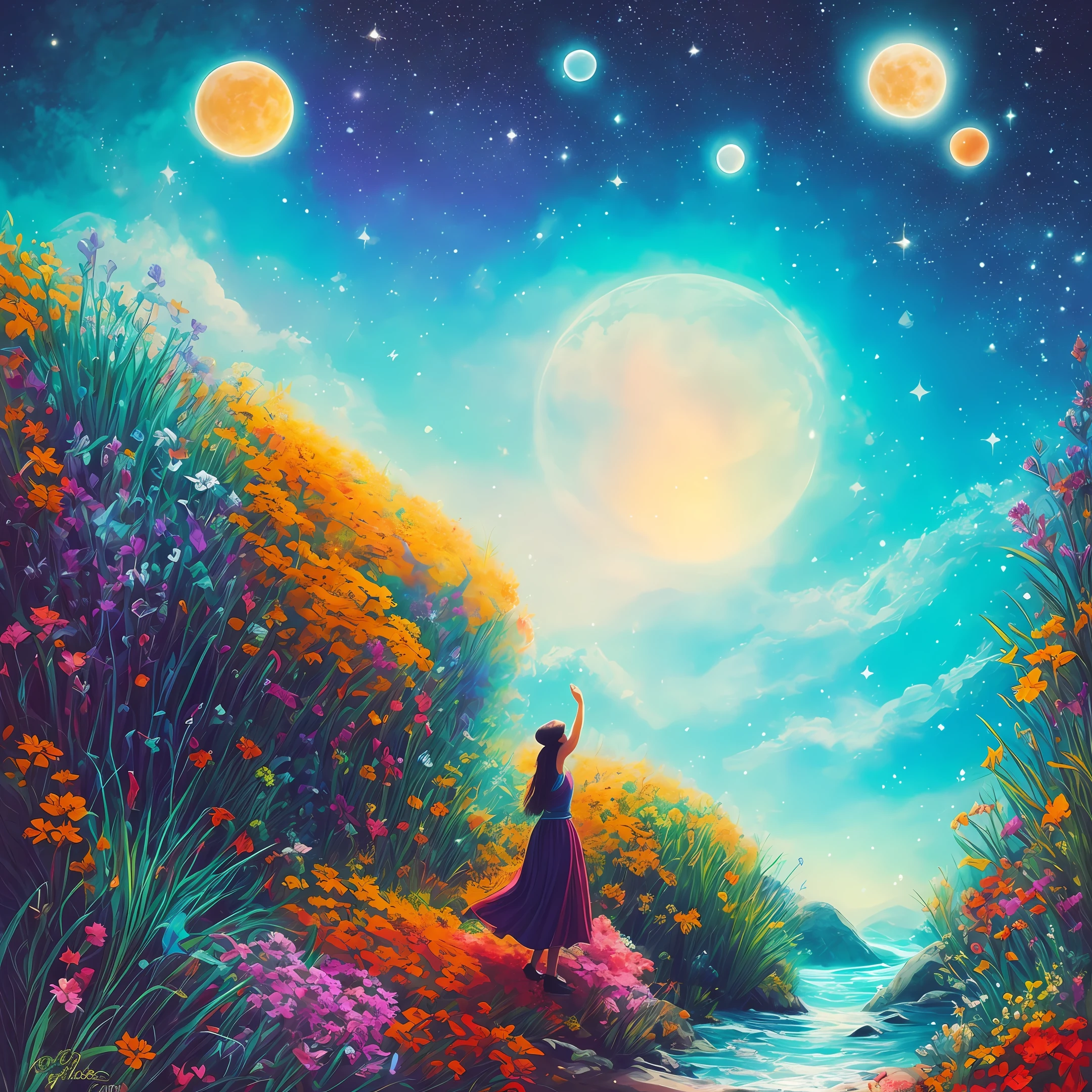 "A magical realm where resilience and empowerment take shape. Picture a vibrant landscape filled with celestial bodies, shimmering riches, and waves of resilience. In this realm, create a scene that represents the transformative power of rising above adversity. Let your imagination run wild as you bring to life the energy, colors, and magic inspired by Maya Angelou's poem 'Still I Rise.' Capture the essence of resilience, triumph, and empowerment in this enchanting image"