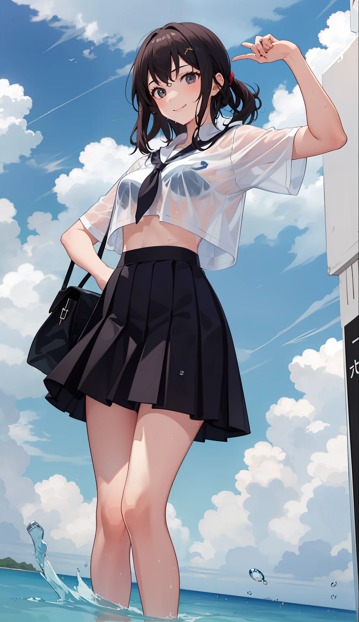 1 girl, smile, shirt, skirt, (small) chiralism, Japan high school school uniform, seravuk, summer clothes, squall-wet uniform, sheer bra, (portrait from knee up),