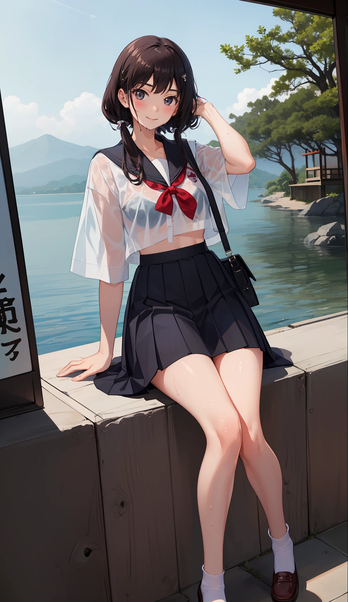 1 girl, smile, shirt, skirt, (small) chiralism, Japan high school school uniform, seravuk, summer clothes, squall-wet uniform, sheer bra, (portrait from knee up),