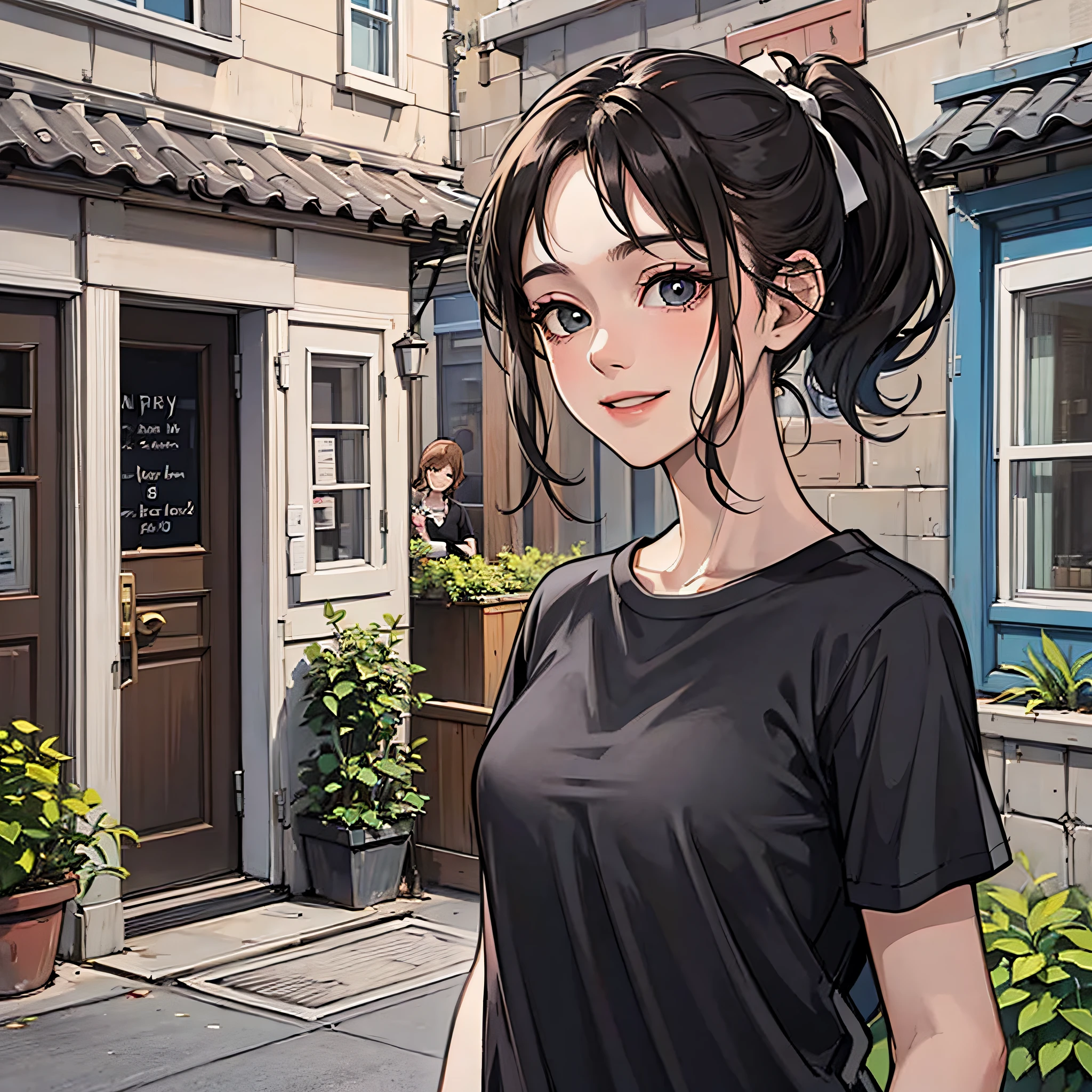 A woman in a black shirt, black ponytail, wrinkled, standing in front of her home for takeaway, facing the camera, with a smiling expression