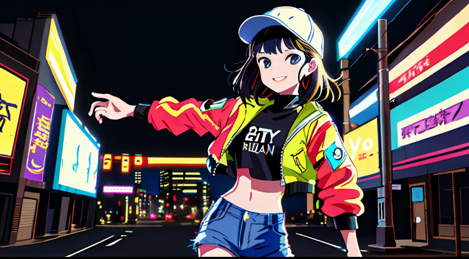 Masterpiece, Best Quality, 1girl, City Pop, Night, Neon Lights, Look Another, Upper Body, Vector Illustration, Jacket, Light Smile, Blunt Bangs, Long Hair, ((Best Quality, 8K, Masterpiece: 1.3)), (Flower Cap: 1.3), Focus: 1.2, Perfect Body Beauty: 1.4, Buttocks: 1.2, (Layered Haircut: 1.2)), ( Dark Street: 1.3), highly detailed face and skin texture, full body, delicate eyes, double eyelids, whitened skin, long hair, (round face: 1.5), (loose crop top, shorts: 1.6)