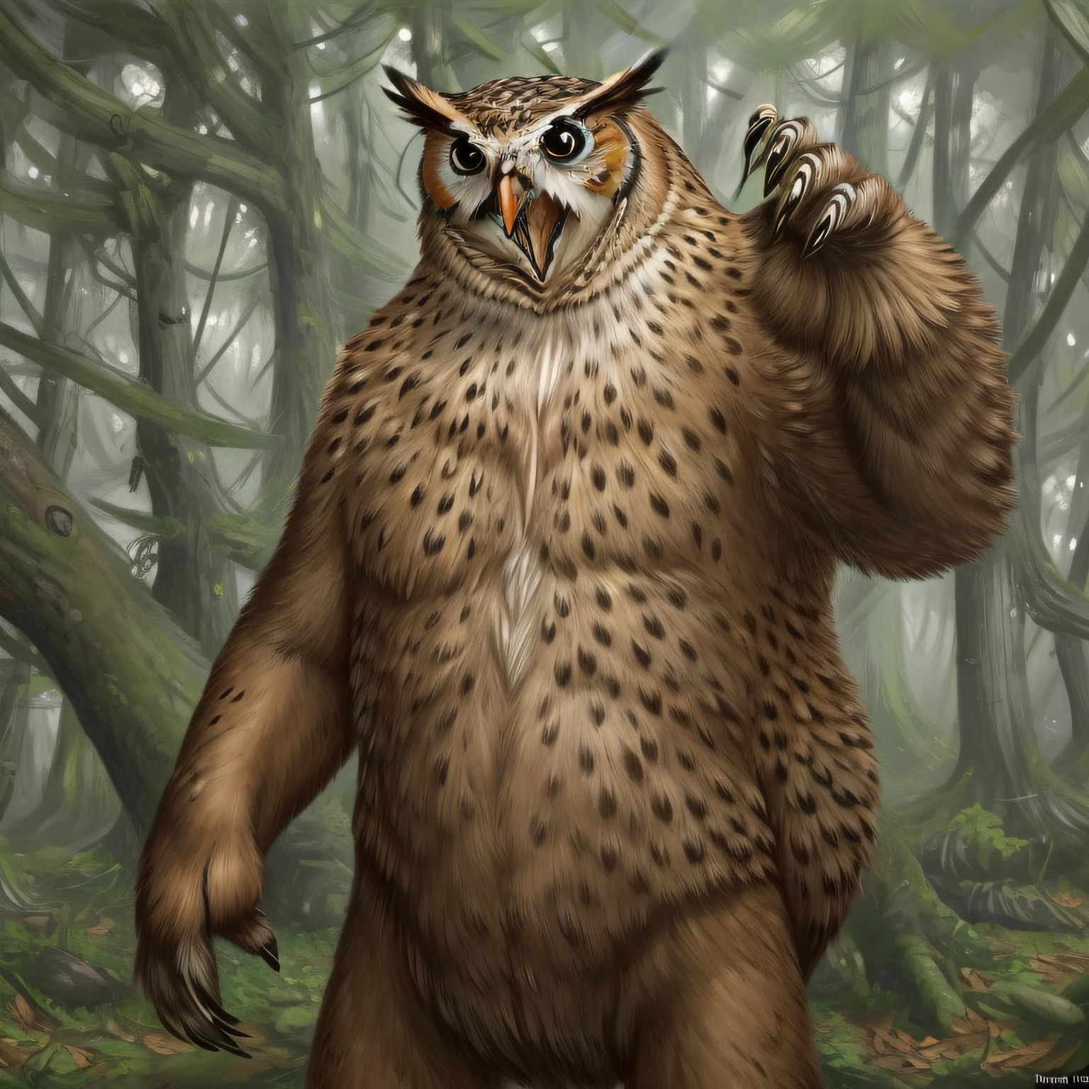 Owl bear. The owl's sharp beak opened, and the bear's muscular arms stretched menacingly