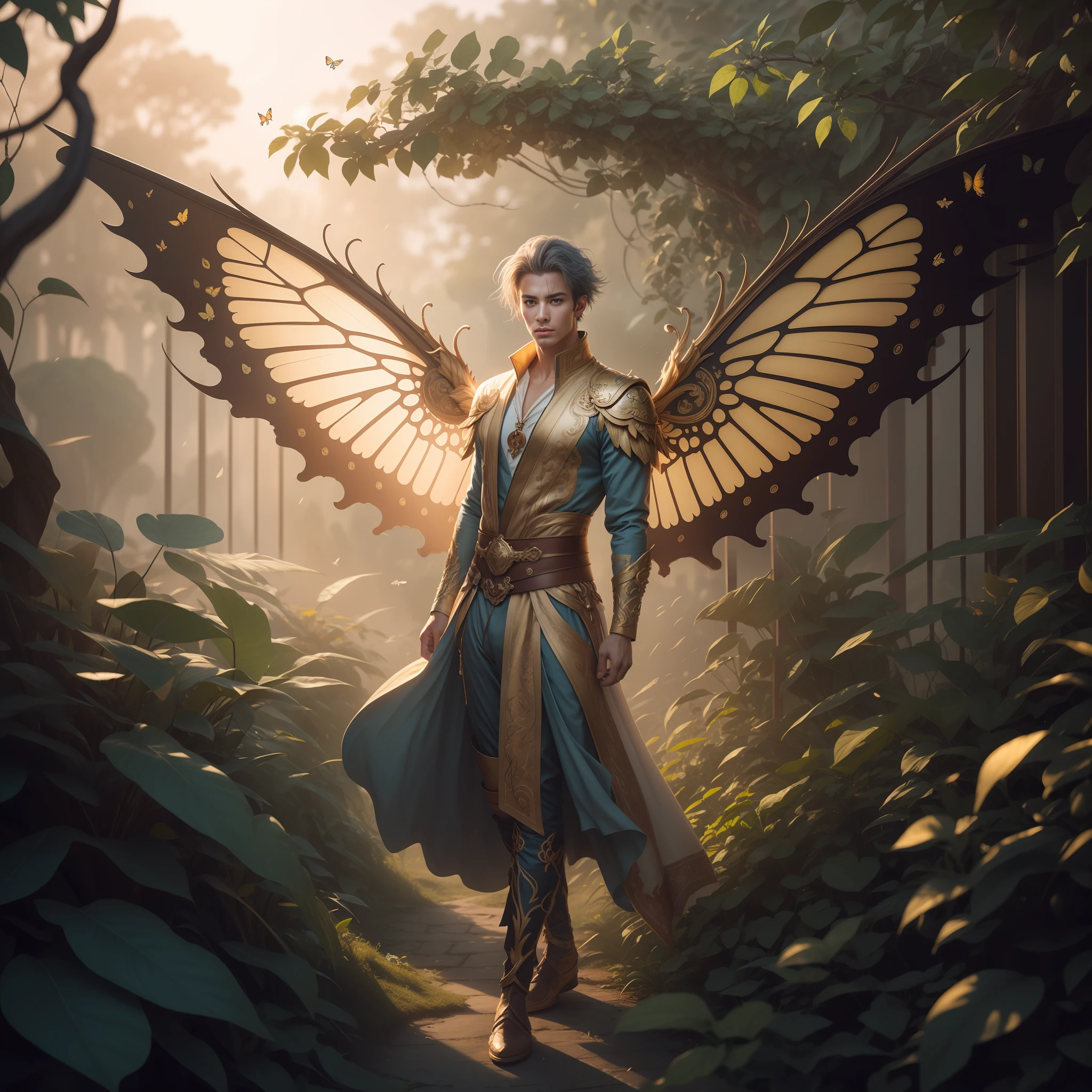 Beautiful male male fairy outfit, long clothes, full body, with orange and gold details, large wings, with butterflies flying through the nose, branches of plants rising up the cheekbones, delicacy, beauty, full body, lush vegetation blurred background, vibrant colors, lush light, soft light, sunset light, smooth light, symmetrical, full body, reflections, dynamic HDR lighting, 8k resolution,  cinematic film, smooth, sharp focus, realistic, strobe light beams, ((blurred background)):1.7, (((depth of field)) ):1.8, cinestill 800t 35mm, high quality, heavy grain, high detail, cinematic composition, dramatic light, anamorphic, ultra wide lens, hyperrealistic