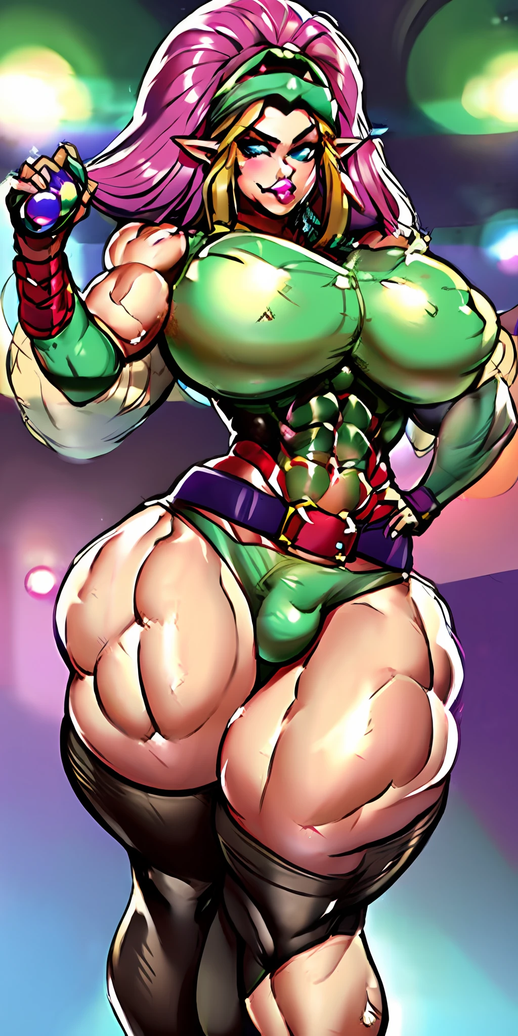 A badass muscular 21 year old female hypermuscle bimbo wearing detailed purple and gold doomguy doom marine armor and helmet from DOOM with large breasts holding gigantic futuristic rifle running down hallway of futuristic space station, most strongest pose, bright red thick body length hair with rainbow streaks, exaggeratedly large physique, (((feminine and muscular))), muscular ultraviolent, elf woman, hypermuscle, hyper ectomorphic, strong and fat, strongfat, enormous hips, thick thighs, (((1girl))), beautiful, feminine face, (((giantess, giantess art))), looming over miniature city, ((massive inflating bubble gum)) from her (pouty smirking lips), big (erection under clothes, bulge,futa bulge)