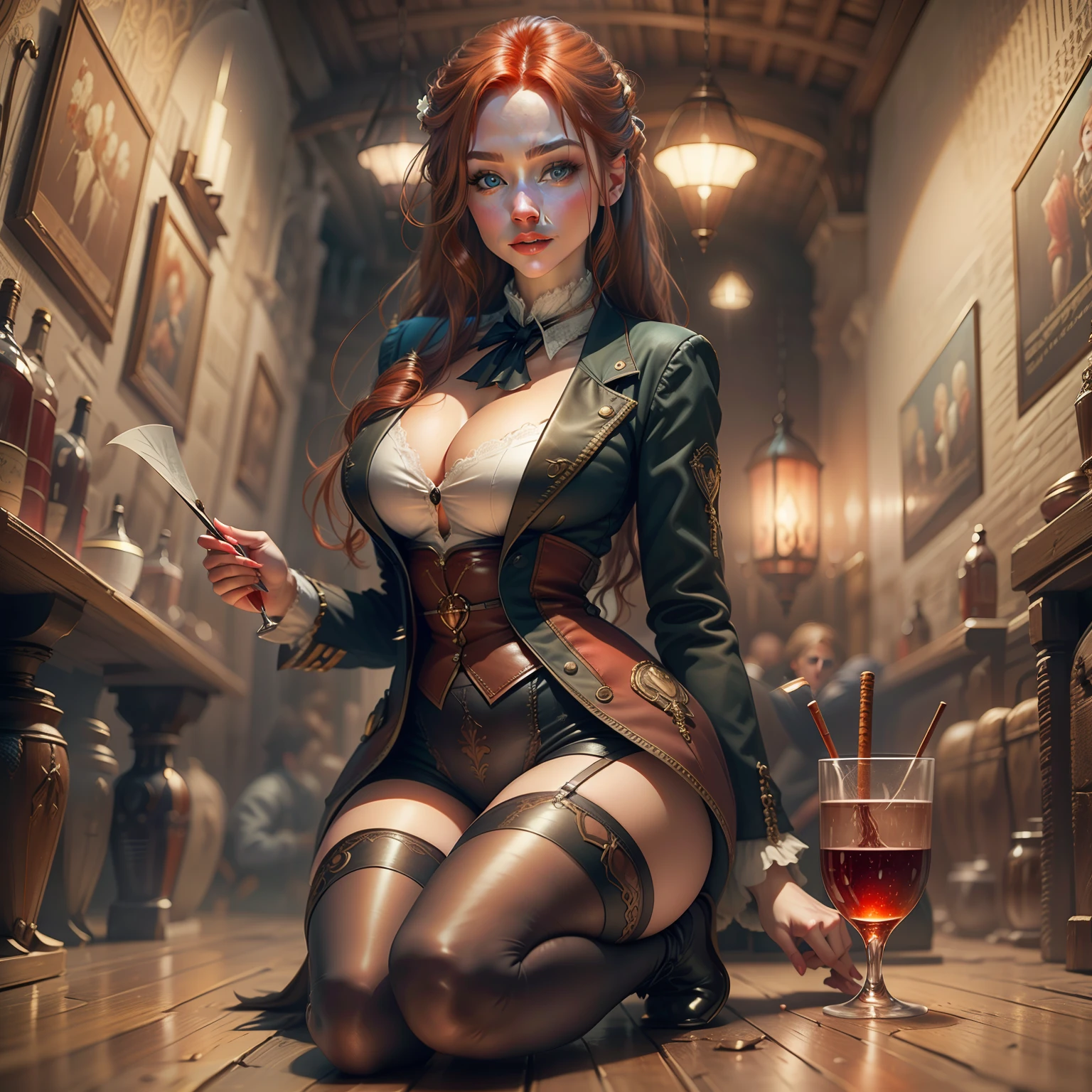 beautiful red-haired women in tights, masterpiece, mini tailcoat,