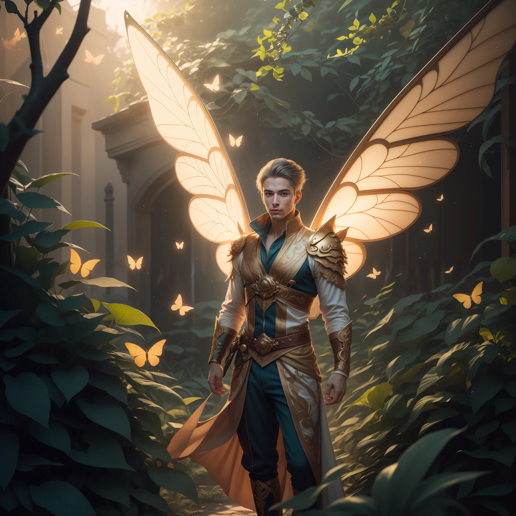 Beautiful male male fairy outfit, long clothes, full body, with orange and gold details, large wings, with butterflies flying through the nose, branches of plants rising up the cheekbones, delicacy, beauty, full body, lush vegetation blurred background, vibrant colors, lush light, soft light, sunset light, smooth light, symmetrical, full body, reflections, dynamic HDR lighting, 8k resolution, cinematic film, smooth, sharp focus, realistic, strobe light beams, ((blurred background)):1.7, (((depth of field)) ):1.8, cinestill 800t 35mm, high quality, heavy grain, high detail, cinematic composition, dramatic light, anamorphic, ultra wide lens, hyperrealistic
