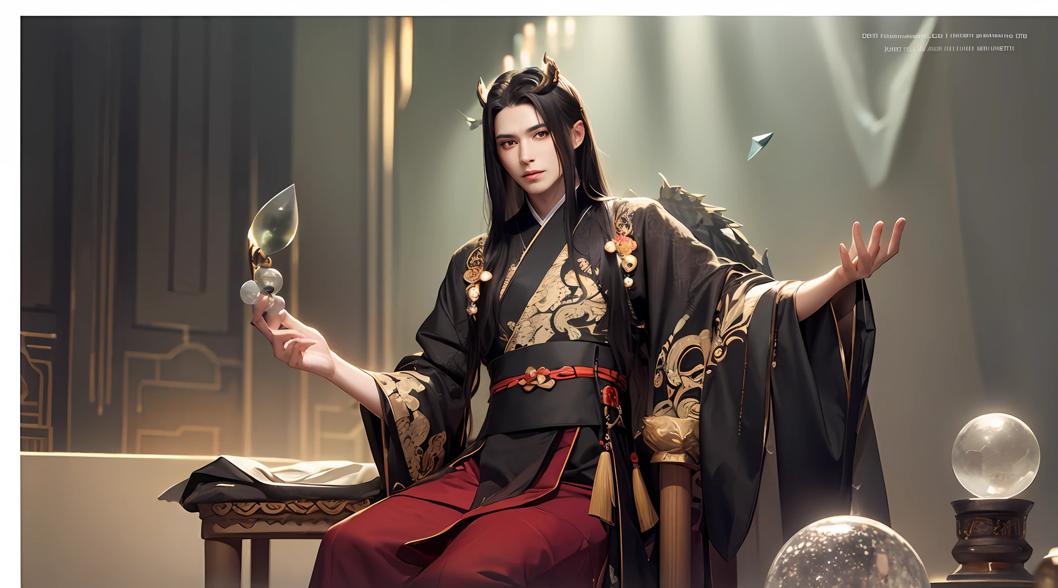 Black Hanfu, black shawl long hair, right hand holding crystal ball, young man sitting on a chair facing the audience, surrounded by Chinese dragons