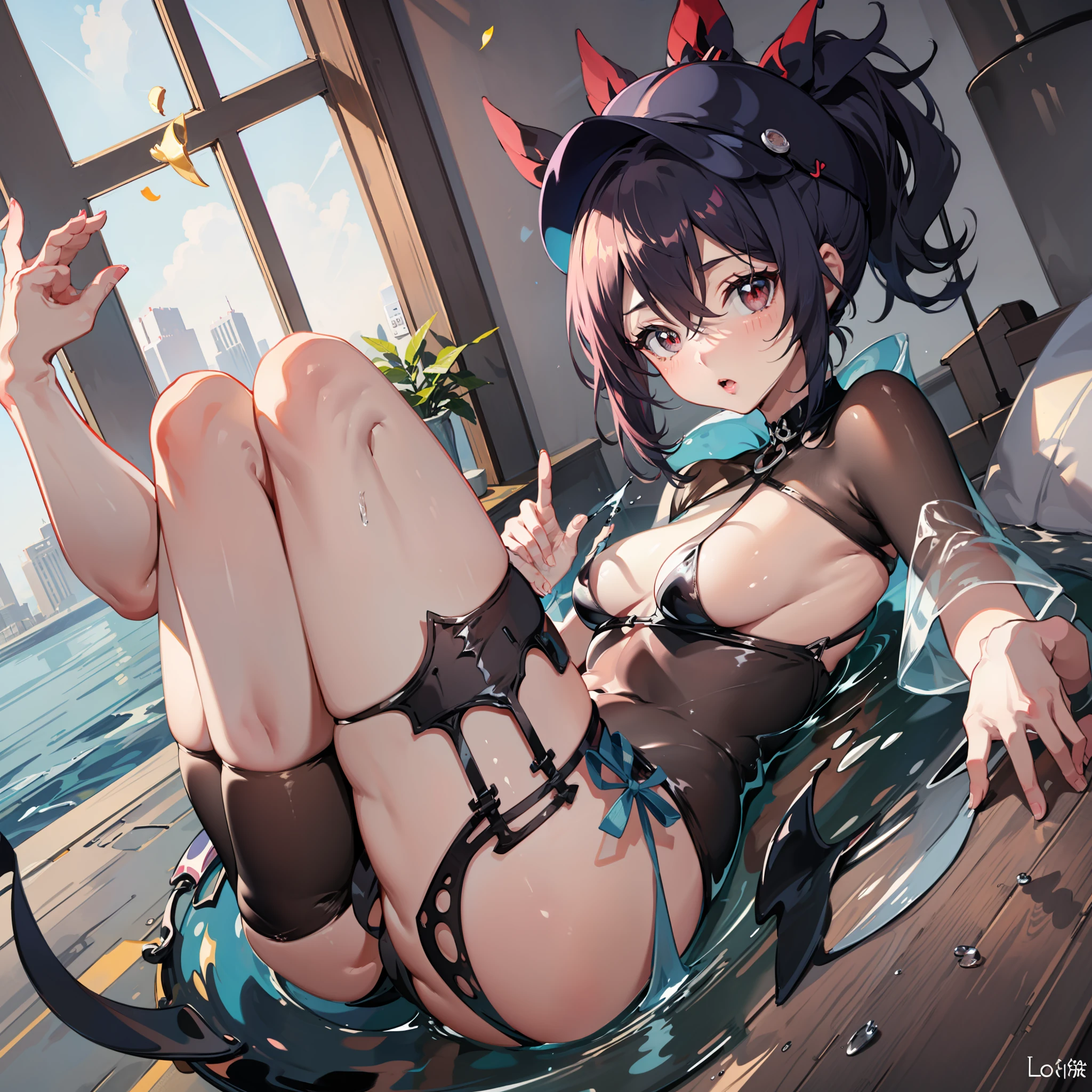 sexy, , girl, brown high ponytail, lying down, legs exposed, exposed breasts, bigger breasts, lower legs under thighs, no feet exposed, five fingers, blushing, high resolution, big eyes, small mouth, melon seed face, two-dimensional anime, two legs, two arms, white face, no hat, no muscles, high definition, red pupils, soaked, thin legs and long legs, transparent clothes