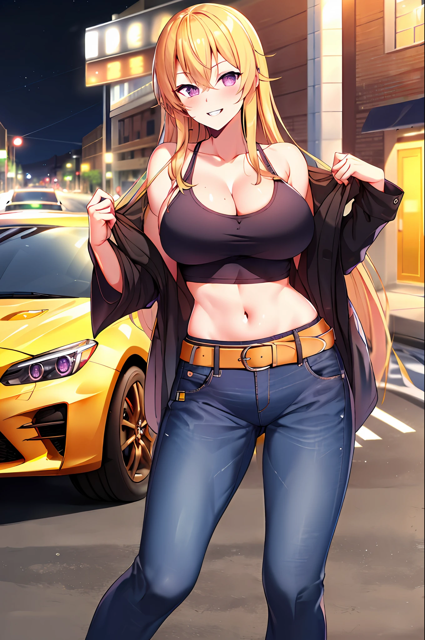 masterpiece, best quality, highres, nakiri erina, blonde hair, purple eyes, long hair, large breasts, oversized cool t shirt, stocking, cleveage, belt, short jeans pants, owboy shot, standing, looking at viewer, city road, outdoor, modern city road, blush, shy, smile, show teeth, sexy pose, short pants, jacket, bare shoulder, sport car, cool car, racer, car model, night, street race,