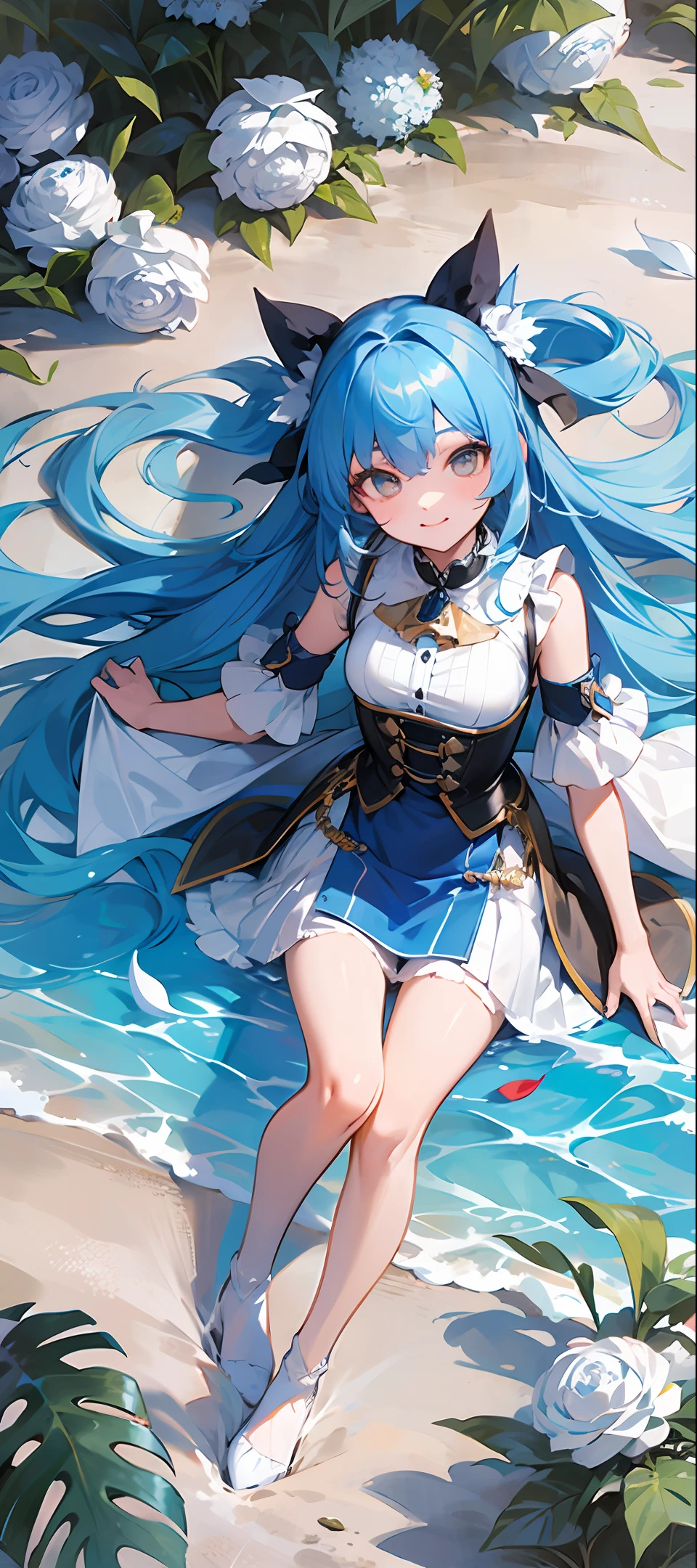 1gilr, magic girl, blue ocean dress, V neckline, black metal staff, long hair, twintails hair