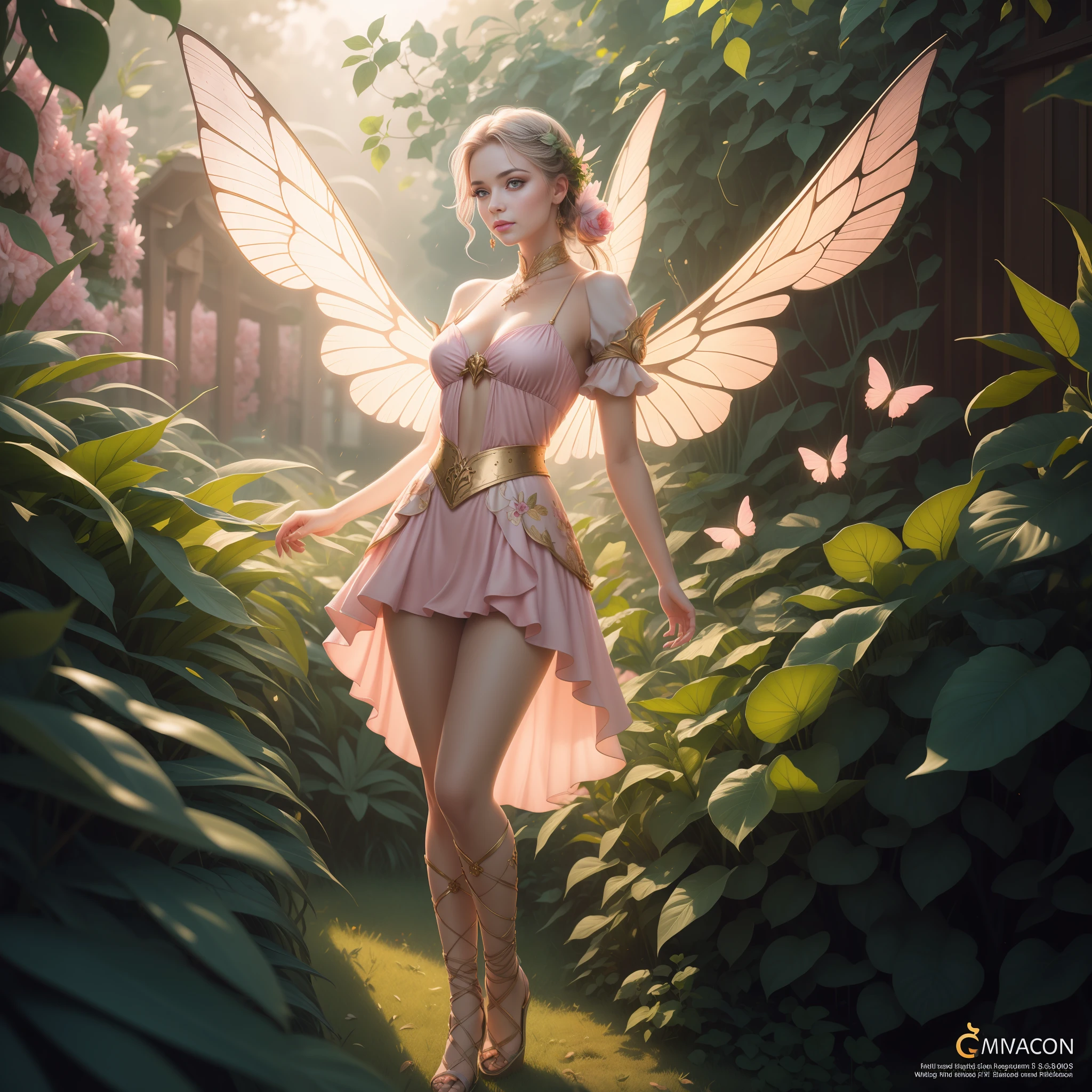 Fairy Outfit Male Male, Pink Outfit, Full Body, with White and Gold Details, Large Wings, With Butterflies Flying Through the Nose, Branches of Plants Rising Up The Cheekbones, Delicacy, Beauty, Full Body, Lush Vegetation, Lush Vegetation, Blurred Background, Vibrant Colors, Lush Light, Soft Light, Sunset Light, Smooth Light, Symmetrical, Full Body, Reflections, HDR Dynamic Lighting, 8K Resolution, cinematic film, smooth, sharp focus, realistic, strobe light beams, ((blurred background)):1.7, (((depth of field)) ):1.8, cinestill 800t 35mm, high quality, heavy grain, high detail, cinematic composition, dramatic light, anamorphic, ultra wide lens, hyperrealistic