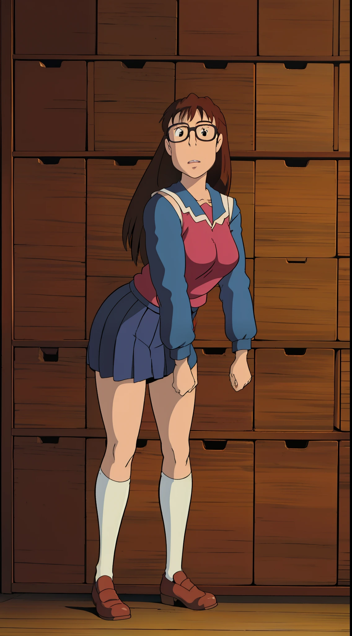 Koyomi Mizuhara, Brunette hair, brown hair color, long hair, bangs, glasses, ager, Sailor school outfit, red top, brown skirt, black thigh socks, brown shoes, Highschool, tall girl, breasts, luscious lips, concept, kneeling, sucking