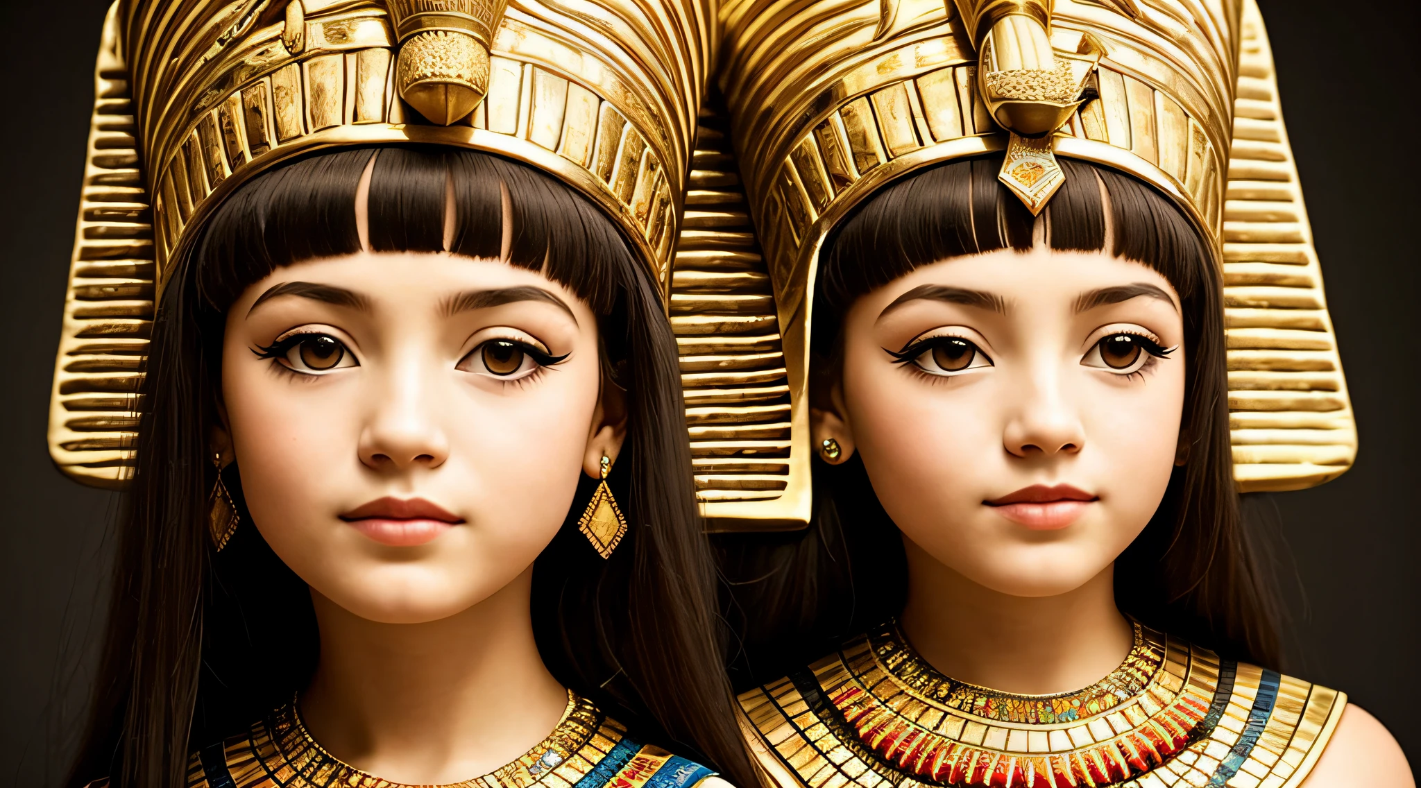 GIRL CHILD BLONDE WITH LONG HAIR, A closeup of a bust of a mENINA BLONDE CHILD wearing a hat, wearing an Egyptian crown, Nefertiti, ancient egyptian, egyptian, egyptian makeup, precise for egyptian tradition, egyptian art, makeup of egypt, beautiful and huge head ornaments, ancient egyptian art, ancient egyptian art, ancient egypt, beautiful cleopatra, Egyptian princess, ancient Libu princess