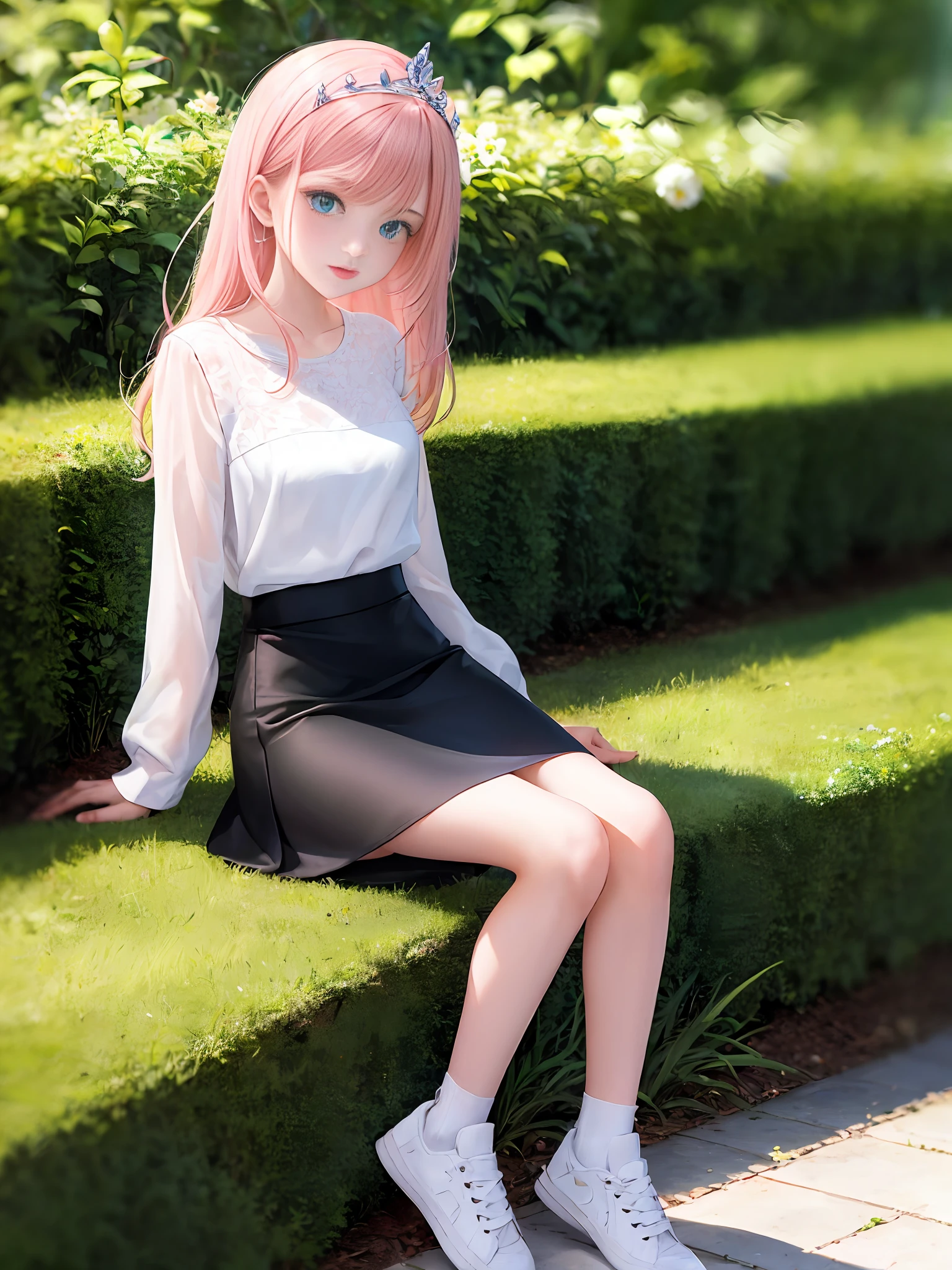1girl, (masterpiece:1.1), (best quality:1.1), (white blouse:1.1), BREAK [blue:pink:0.5] theme, cowboy shot, full body, sideways view, looking at the audience, break pink hair, long hair, blue eyes, delicate tiara, white top, black miniskirt, white sneakers, sitting, garden background,
