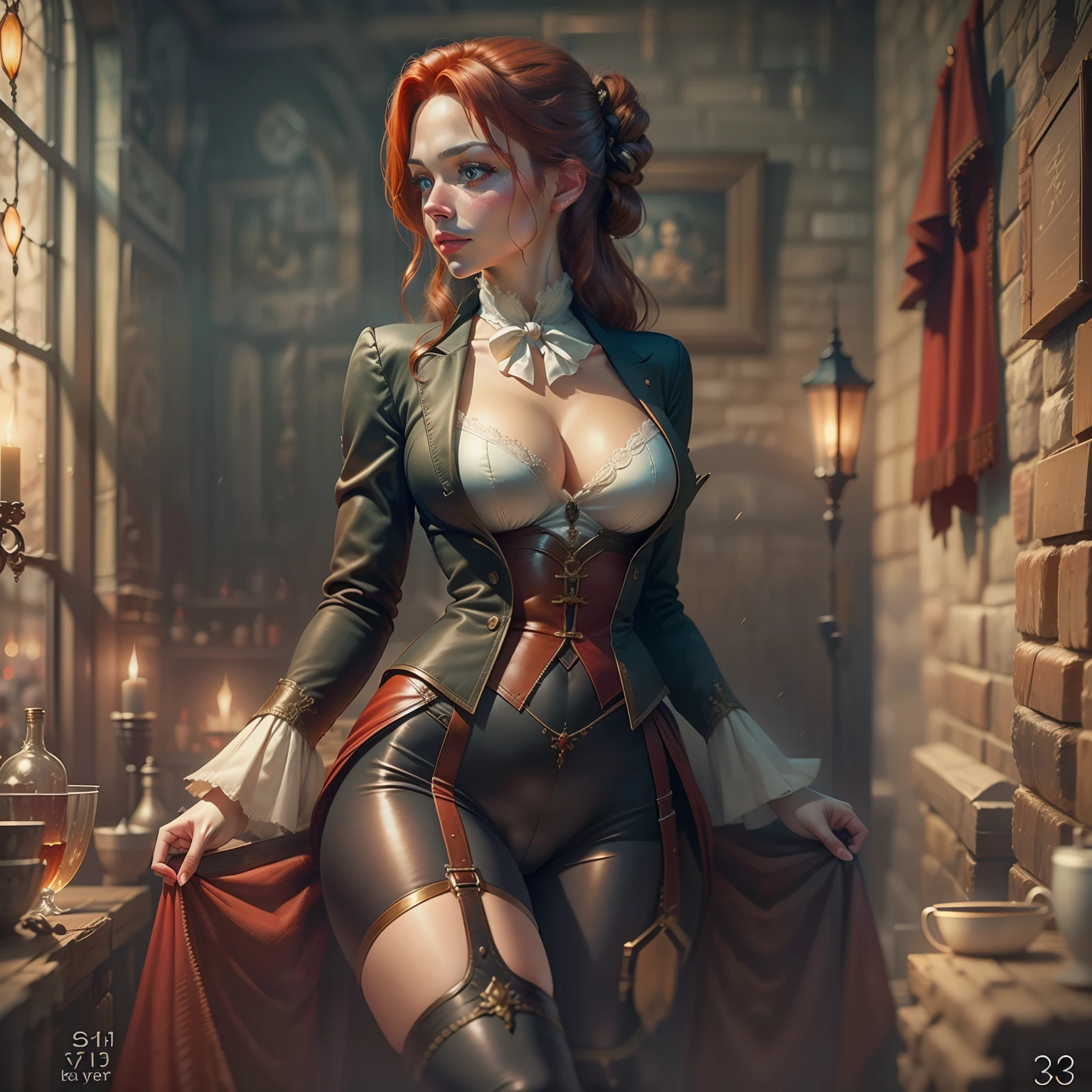 Beautiful red-haired women in tights, masterpiece, mini tailcoat, holiday