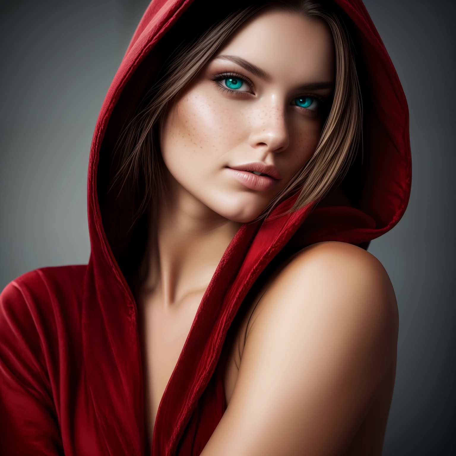 Arafed woman in a red robe with a hood over her head, detailed beauty portrait, fantasy art portrait, fantasy character portrait, fantasy genre portrait, cinematic realistic portrait, fantasy portrait, fantasy concept art portrait, cute fantasy portrait, portrait shot, close-up portrait photo, 4k realistic digital art, Realistic 4K digital art, epic fantasy art portrait, freckles over your nose and under your eyes, dark green eyes
