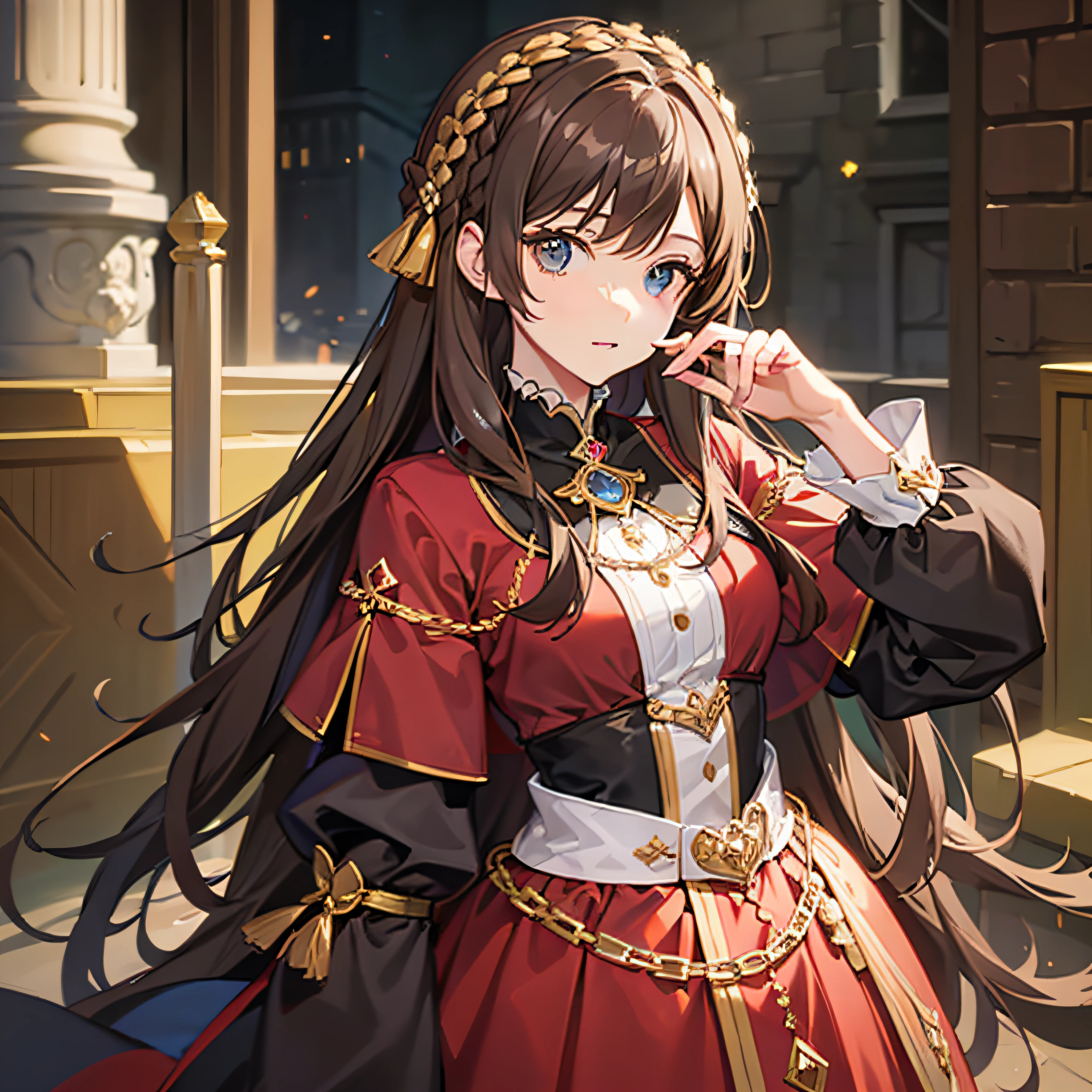 A long-brown haired woman in a noblewoman's outfit.