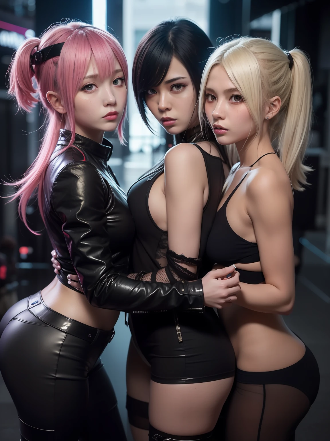 16K, HDR, RTX, ray tracing, best quality, masterpiece, ultra high quality, 3 girls, anime protagonist, tall, mature, cool, edgy, stylish cyberpunk outfit, multi colored hair, heroic drip, aesthetic, amazing, cool, beautiful, mesmerizing, alluring, ethereal, multicolored, highly detailed faces