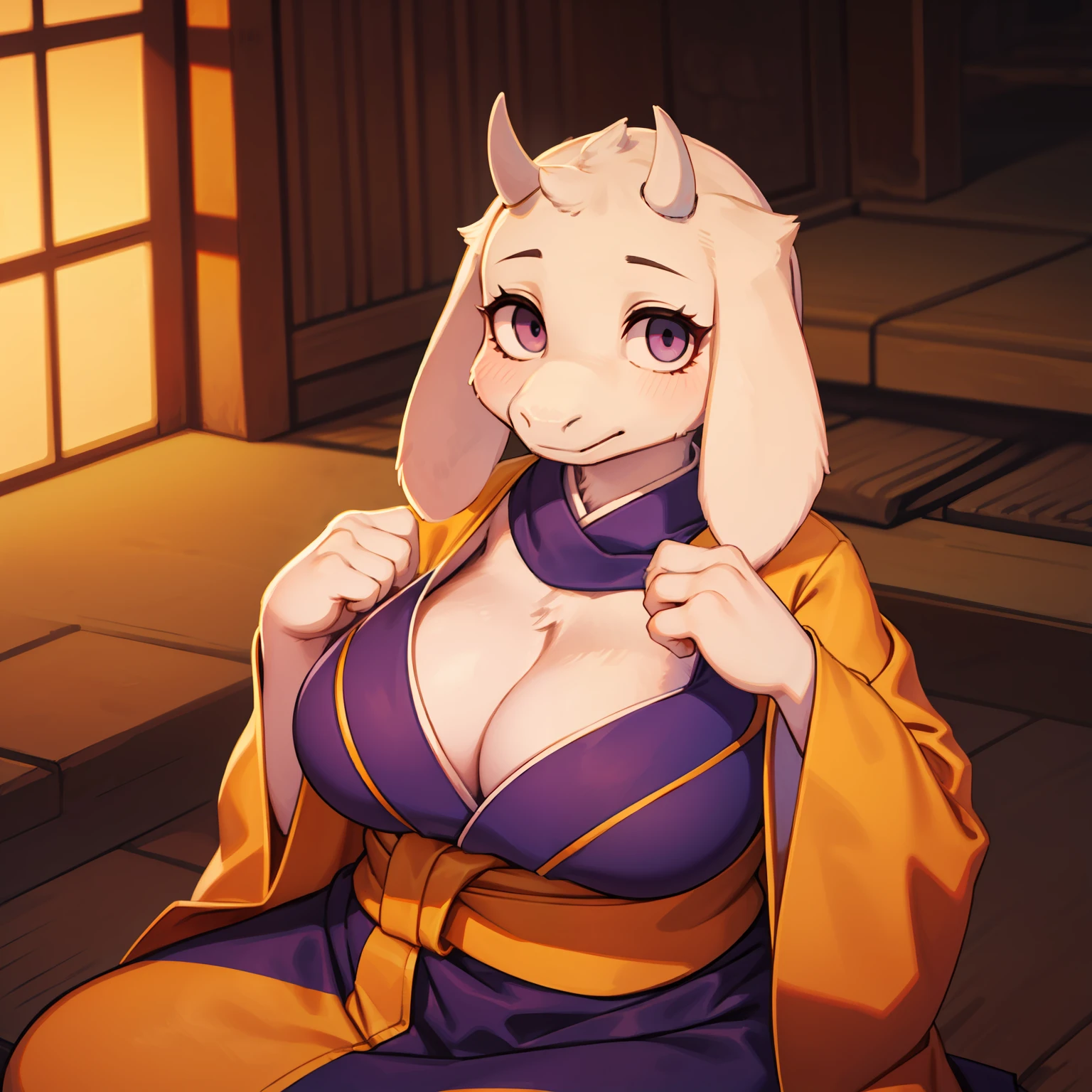 Toriel in kimono, high details, large breasts and abundant neckline, anthropomorphic monster, right body, improved face, improved hands, big real life mother, Korean art style, she is a goat, by Kamisaka Sekka, high quality fanart, trick or treatment, cute, geisha girl, in an old oriental style, woman((Toriel)) witch, witch, cute, geisha, 🍁  🍂 by Shingei, Toriel ((female, anthro, goat))