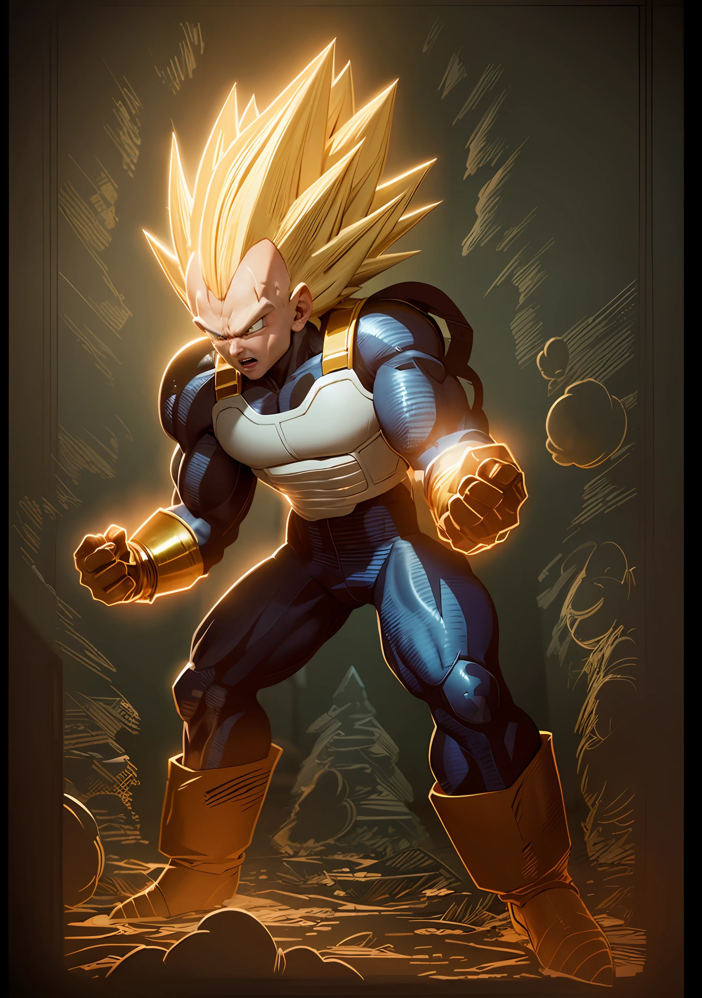 3d rendering, Dragon Ball, Super Saiyan, Vegeta, blonde hair, tights, armor vest, best quality, detailed details, cinematic lighting effects