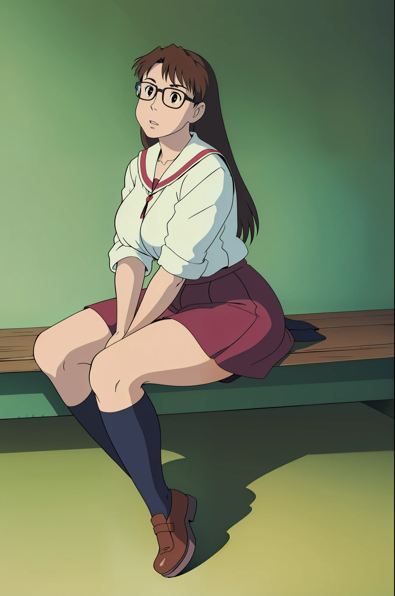 Koyomi Mizuhara, Brunette hair, brown hair color, long hair, bangs, glasses, teenager, Sailor school outfit, red top, brown skirt, black thigh socks, brown shoes, Highschool, tall girl, breasts, luscious lips, concept, Jack-o-pose Trend, laying down, her thighs arch upward, Legs split apart, sitting, arms resting, room background