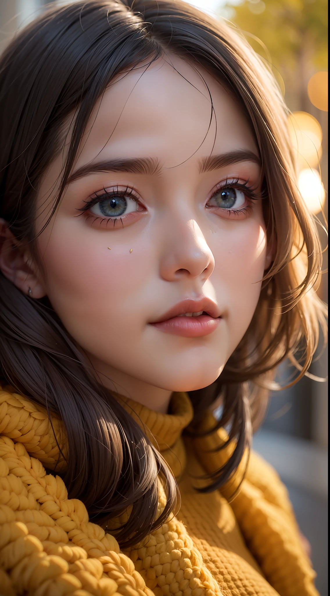 Masterpiece Photography Ultra realistic, hyper realistic, hyper detail, 12k, 8k, 4k, In the busy streets of Paris, a captivating woman with radiant eyes and hazel light golden sits on the sidewalk. His eyes shine like city lights reflecting off a blanket of fallen leaves of trees, their light hazel hue capturing the essence of autumn day. Wrapped in autumn clothing, it exudes a sense of resilience and determination, its presence illuminating the cityscape decorated by these trees with their yellowed foliage.