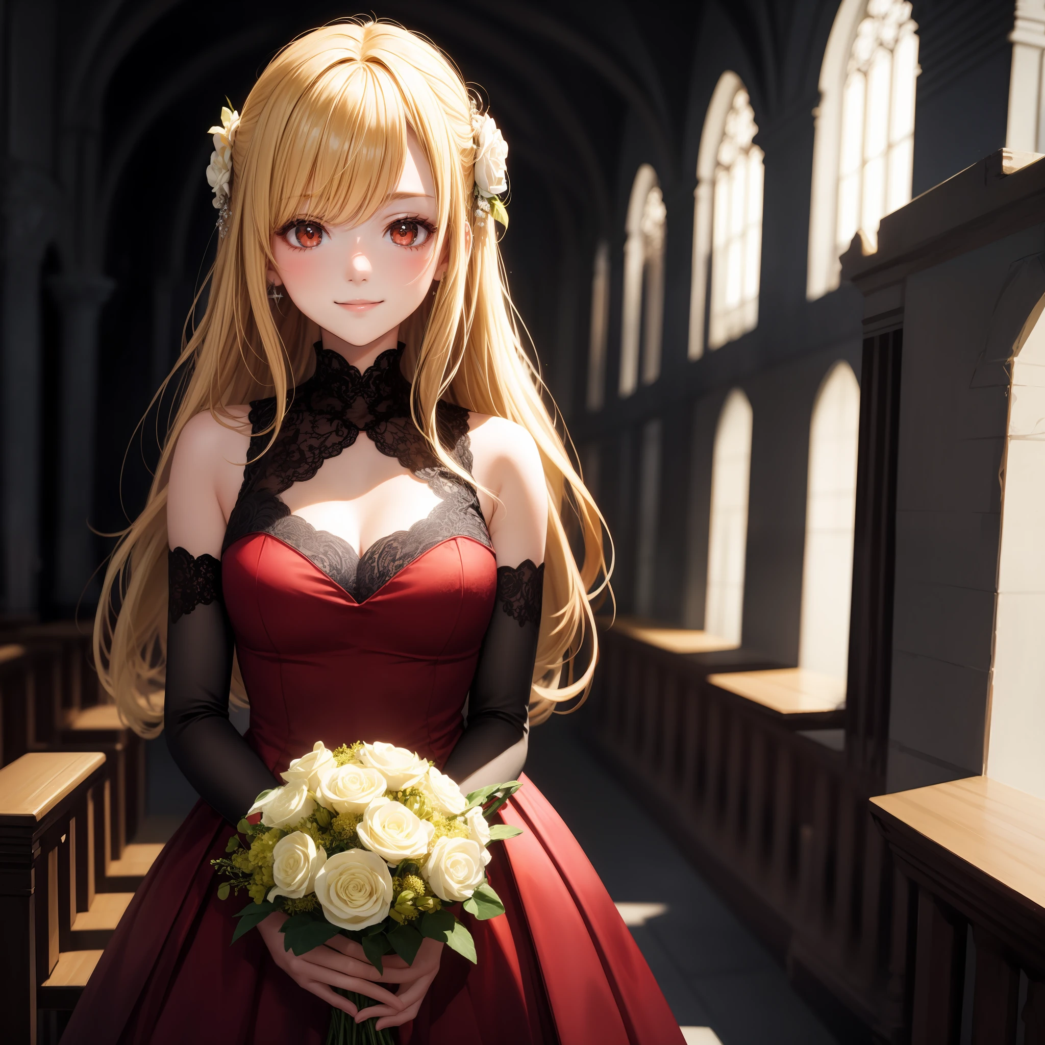 blonde, red eyes, girl, alone, solo, 1girl, red dress, bouquet, chapel, little smile