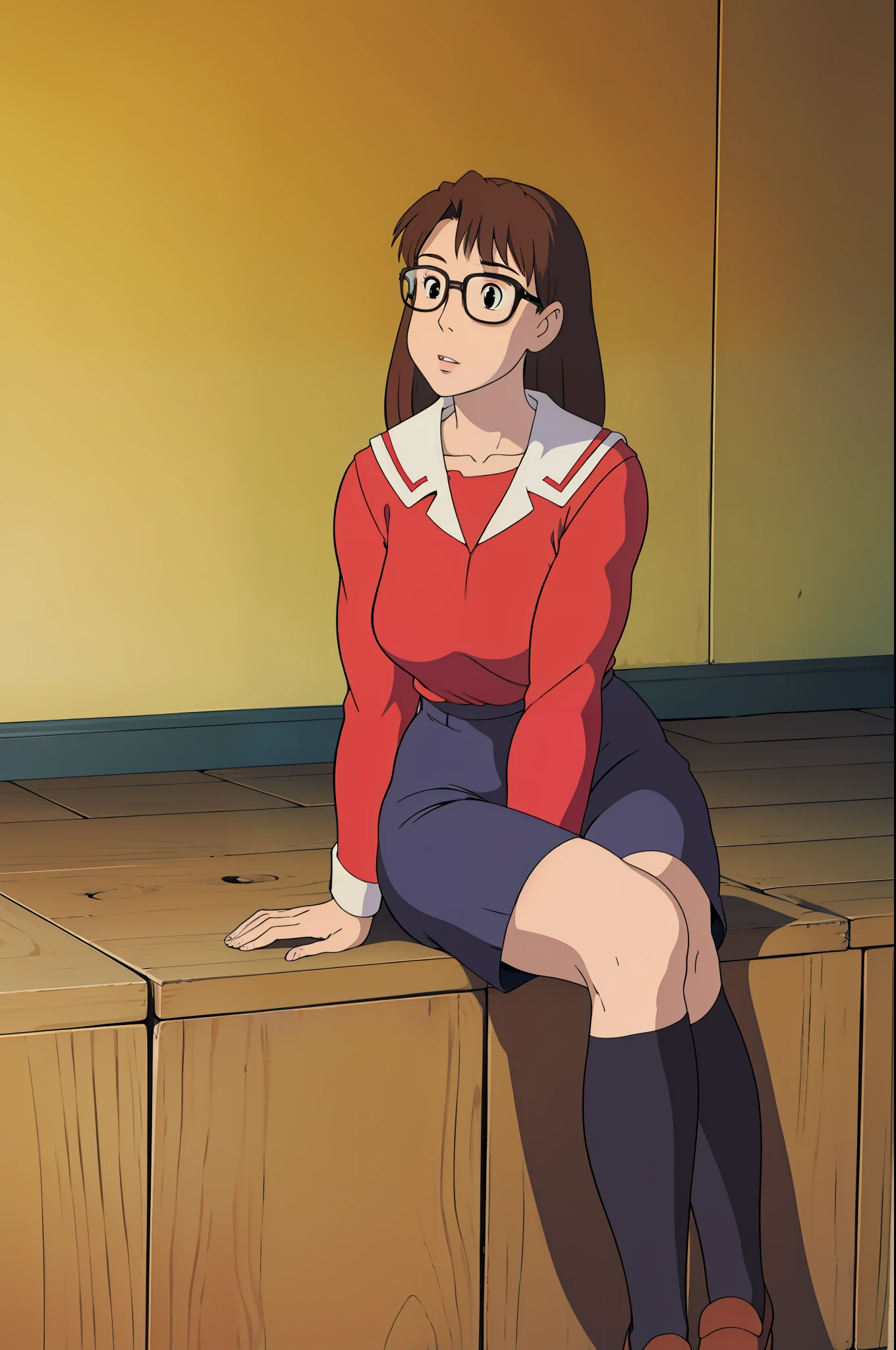 Koyomi Mizuhara, Brunette hair, brown hair color, long hair, bangs, glasses, teenager, Sailor school outfit, red top, brown skirt, black thigh socks, brown shoes, Highschool, tall girl, breasts, luscious lips, concept, Jack-o-pose Trend, laying down, her thighs arch upward, Legs split apart, sitting, arms resting, room background