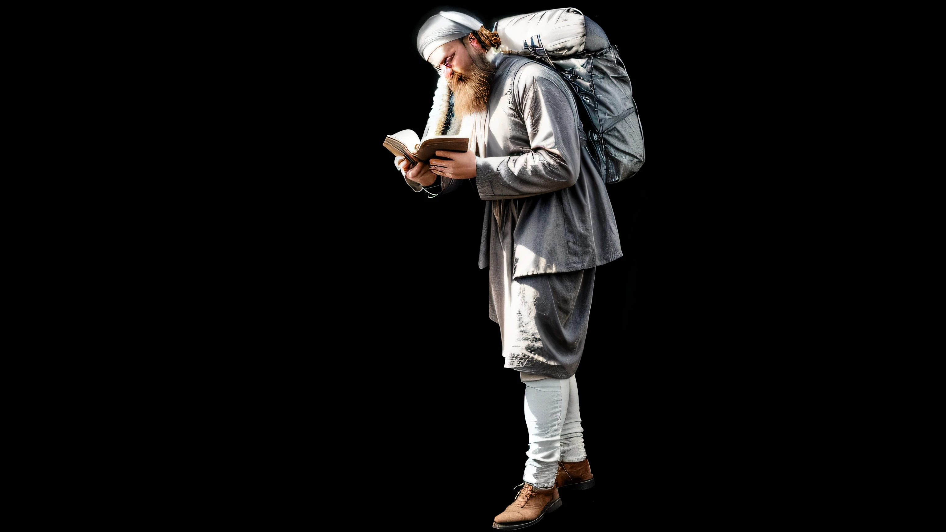 ultra realistic portrait of pilgrim, man, bearded, big hair, reading the bible, no cloth on head, high quality, 16k resolution, realistic skin and hair texture, photorealism, cinematic lighting, perfect