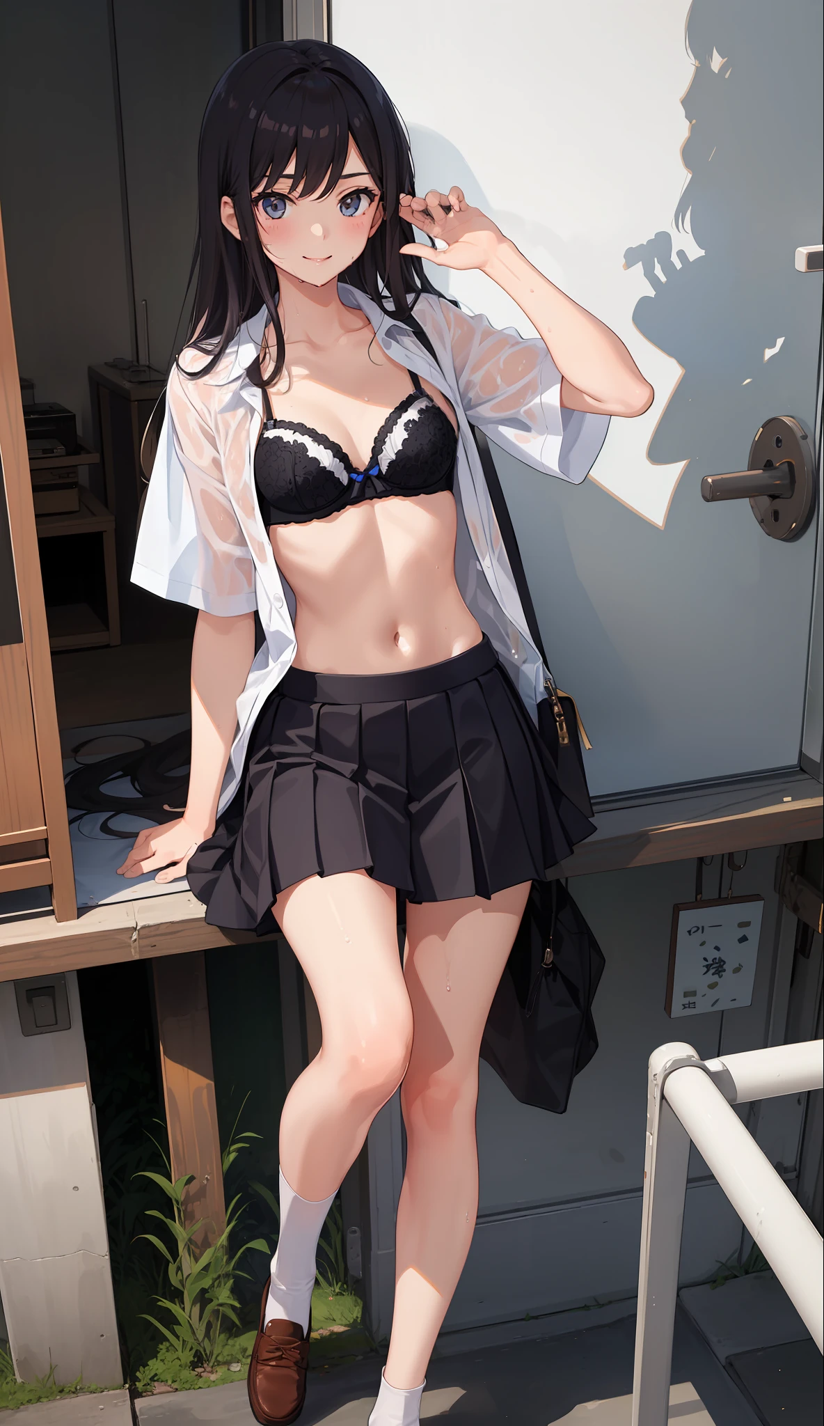 1 girl, smile, shirt, skirt, (small) chiralism, Japan high school school uniform, seravuk, summer clothes, squall-wet uniform, sheer bra, (portrait from knee up),