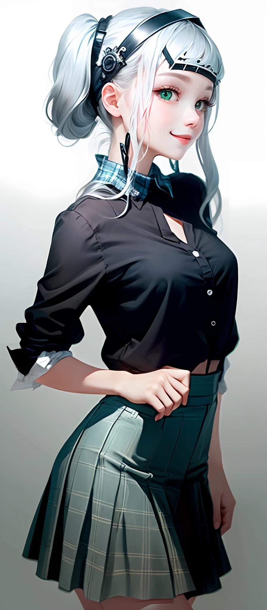 Twin tails, happy face, square neck, 1girl, (masterpiece:1.1), (white 
see-through-blouse:1.1) (best quality:1.1), (plaid skirt:1.1), high-waisted long skirt, BREAK [blue:pink:0.5] theme, (gradient background: 1.1 ), cowboy shot, break silver hair, long hair,, green eyes, delicate headgear